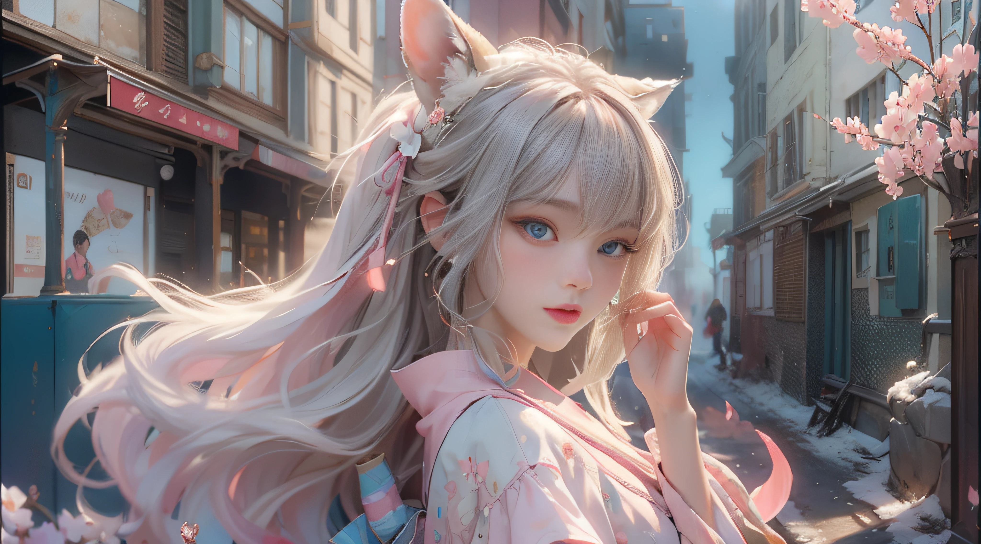 ((best qualtiy)), ((tmasterpiece)), (detail:1.4), Beautiful cyberpunk female images,hdr(HighDynamicRange),Ray traching,NVIDIA RTX,Hyper-Resolution,illusory 5,sub surface scattering,PBR textures,post-proces,Anisotropy Filtering,depth of fields,maximum definition and sharpness,Many-Layer Textures,Albedo e mapas Speculares,Surface coloring,Mitsu-Accurate simulation of material interactions,perfectly proportioned,rendering by octane,Two-colored light,largeaperture,Low ISO,White balance,Rule three points、8K raw data、Beautiful bright blue pupils,off-the-shoulder clothes,Fine pupils,Delicate face and eyes,long eyelasher,Blushlush,Delicate and fluffy hair,pink lip,Pure,Cute face,Sweet girl,Artistic sense,Casual wear,Advancedsense,butterflys,Cherry blossom petal,Beautiful hair accessories,Long hair and waist,Hair fluttering in the wind,Snow-white fox ears,curlies,Snow-white fluffy tail,Positive light,The light from the back window is backlighted