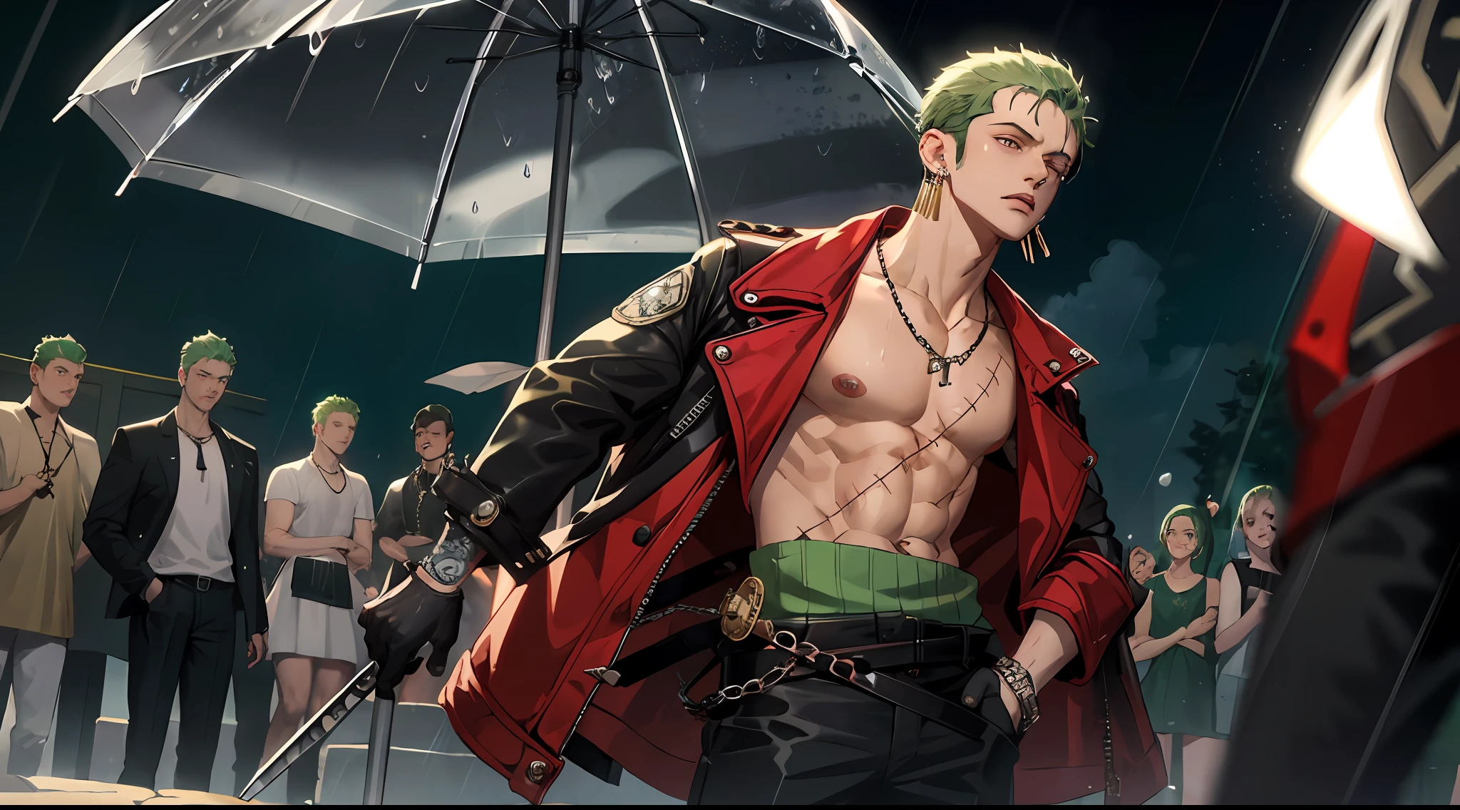 zoro, solo, short hair, gloves, 1boy, jewelry, jacket, weapon, male focus, earrings, green hair, open clothes, belt, pants, necklace, bracelet, tattoo, chain, scar, black pants , pectorals, sheath, scar on face, rain, sheathed, scar across eye, chain necklace