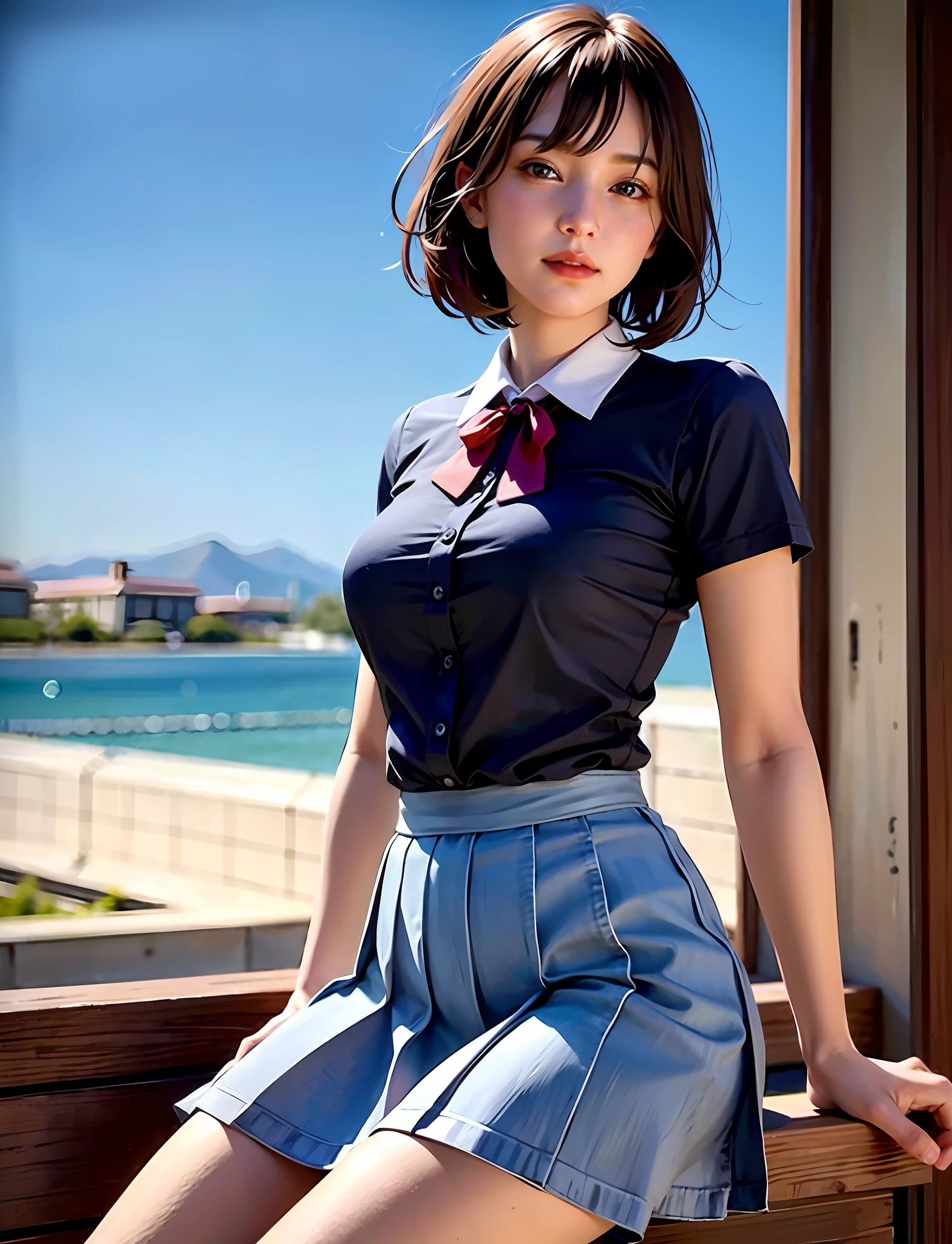 (8K, RAW photo, Best Quality, Masterpiece: 1.2), (Realistic, Photorealistic: 1.37), Ultra HD, 1 girl, Cute, Solo, Beautiful sky, Detailed cafe, Night, Sitting, date, (nose lip), (smile: 1.1), (closed), medium breasts, beautiful eyes, (collared shirt: 1.1), bow tie, pleated skirt, (short hair: 1.2), floating hair
