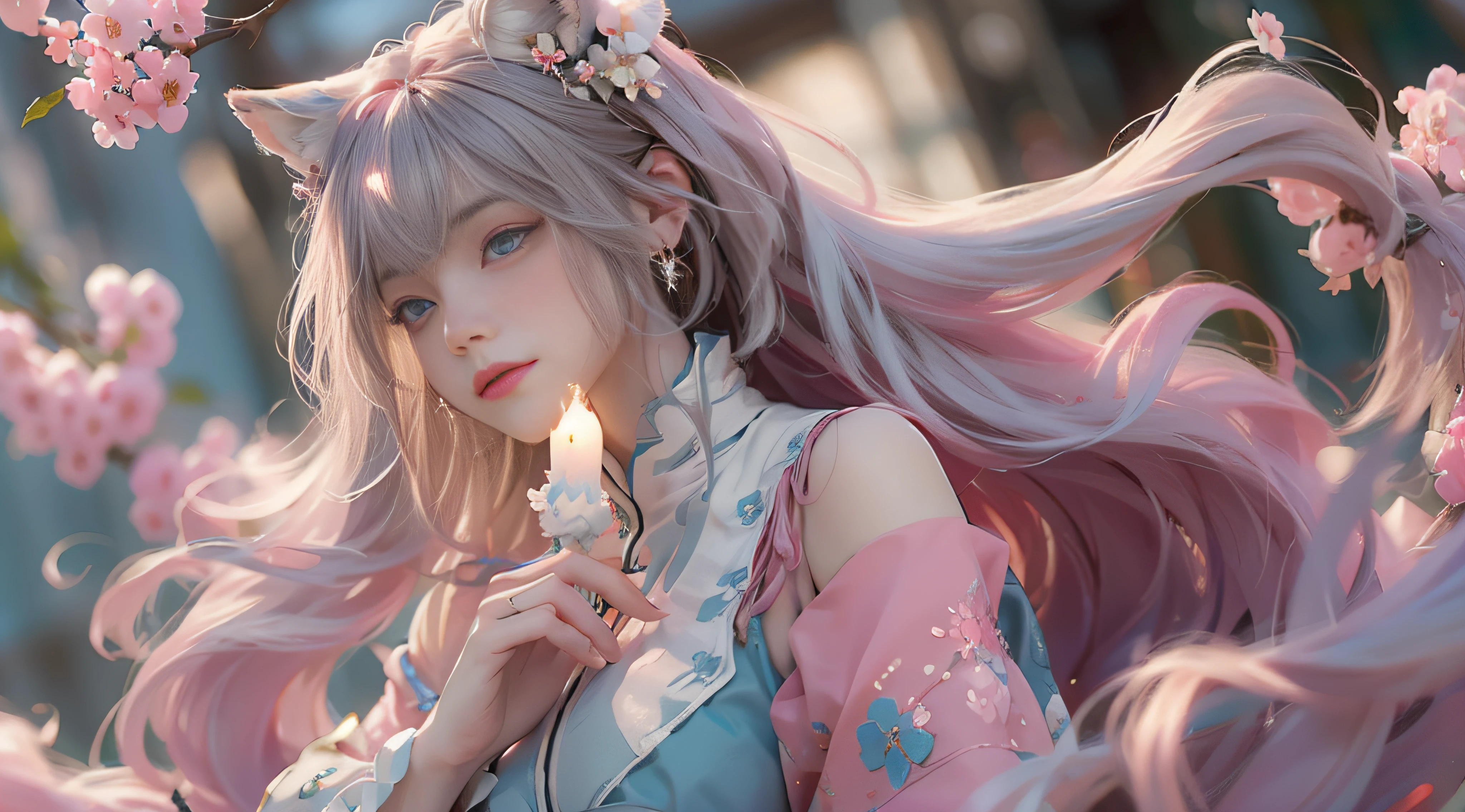 ((best qualtiy)), ((tmasterpiece)), (detail:1.4), Beautiful cyberpunk female images,hdr(HighDynamicRange),Ray traching,NVIDIA RTX,Hyper-Resolution,illusory 5,sub surface scattering,PBR textures,post-proces,Anisotropy Filtering,depth of fields,maximum definition and sharpness,Many-Layer Textures,Albedo e mapas Speculares,Surface coloring,Mitsu-Accurate simulation of material interactions,perfectly proportioned,rendering by octane,Two-colored light,largeaperture,Low ISO,White balance,Rule three points、8K raw data、Beautiful bright blue pupils,off-the-shoulder clothes,Fine pupils,Delicate face and eyes,long eyelasher,Blushlush,Delicate and fluffy hair,pink lip,Pure,Cute face,Sweet girl,Artistic sense,Casual wear,Advancedsense,butterflys,Cherry blossom petal,Beautiful hair accessories,Long hair and waist,Hair fluttering in the wind,Snow-white fox ears,curlies,Snow-white fluffy tail,Positive light,The light from the back window is backlighted