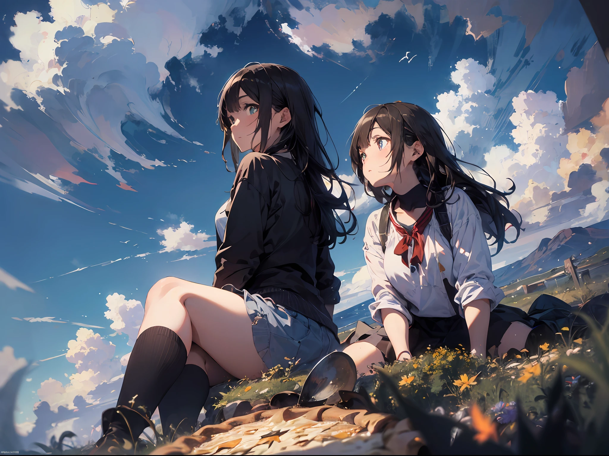 girls on, sitting on, Side Shot, (sky-high:1.3), (A masterpie, best qulaity, Near and far law, Depth-of-field:1.5), the clouds, a sea, beautifulface, thighlet, From Under, 8K, Raw foto, absurdress, impressionists, (Tom Thomson, Claude Monet, Joaquin Sorolla, James Wilson Morris, Jon Fabian Aluson, Hugh Henry Breckenridge:0.8), FLS, photorealestic, film grains, Color Aberration, high - resolution, Ultra Verbose, finelydetail, dinamic lighting, Dramatic lighting、shadowy、Sharp focus、Very detailed eyes and face、Sharp pupils、Realistic pupils