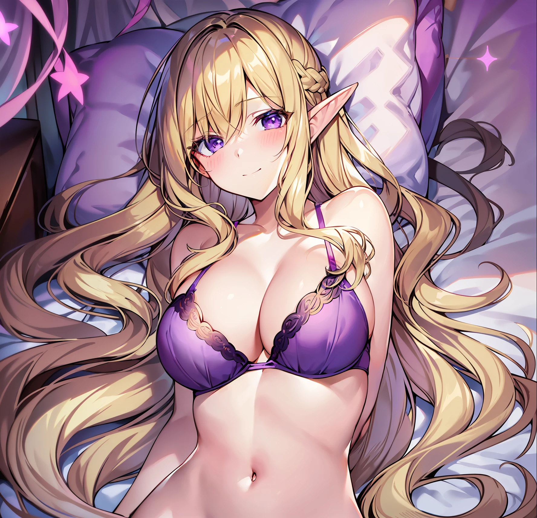 Elf woman, blonde hair, long hair, beautiful eyes, purple eyes, slight smile, calmy look, slight blush, long hair, beautiful hair, beautiful eyes. Half-naked, beautiful body, slender body, big breasts, big butt, purple bra, purple panties. Is inside a nice bedroom, lying on a bed.