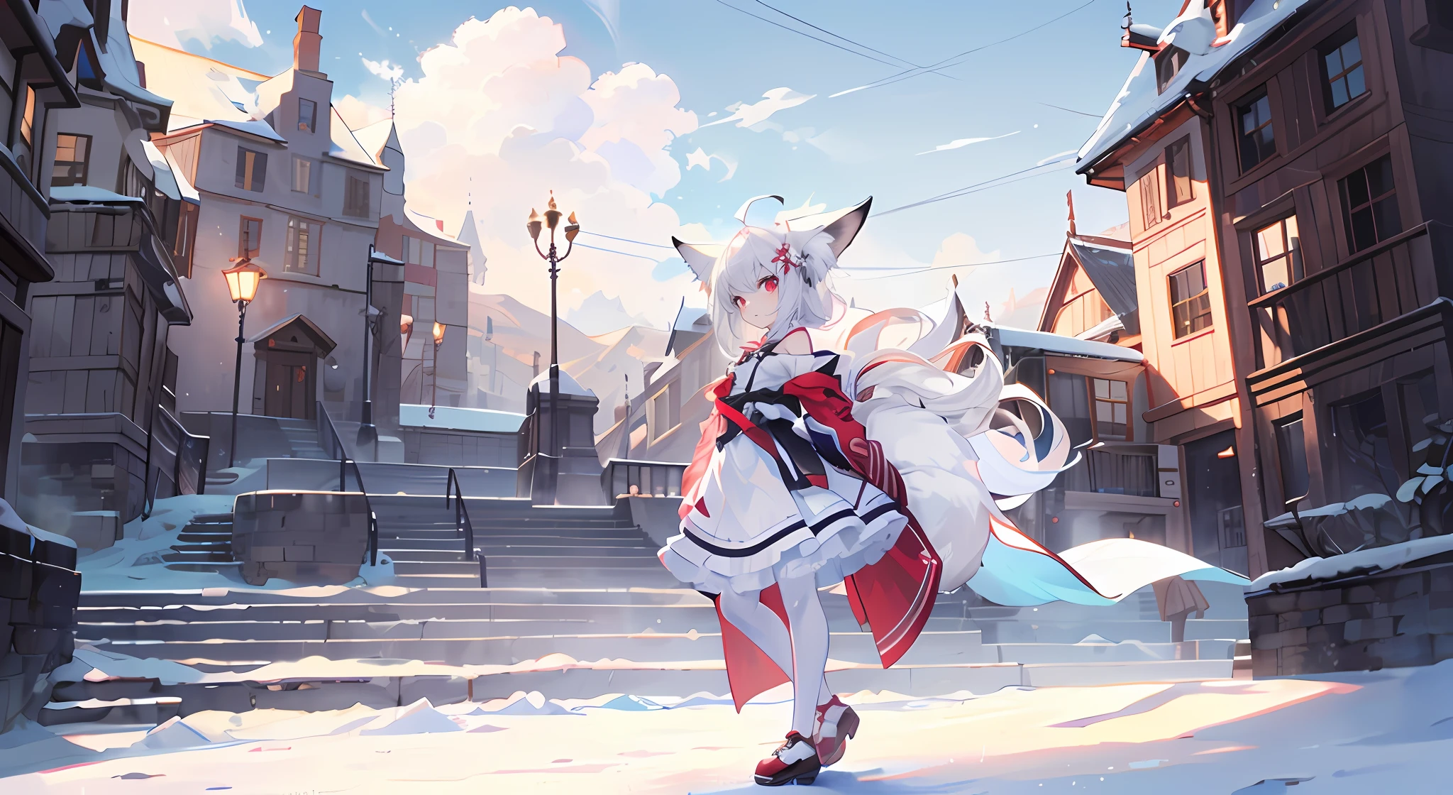 profile,full bodyesbian,Perspective,Movie Angle,very wide angle shot,Overall view,,Lens flare,Snow,High hills,blue sky with clouds,snowfield,Mountain,Nature,alps,Petite,Fox girl,Slender waist,Babe,Babe,teens girl,,Petite_Body,Fox_hor ears,Long hair,ahoge,White_Hair,Red_Eyes,White_Hair,Red_Eyes,looking at the distance,kemomimi,standing,arms back behind,Slim legs,Beautiful_face,Cold attitude,Beautiful detailed eyes,Sweet_Lolita,Han clothing,White pantyhose,upper legs,KON,Suspenders,ribbon,hair flower,hair stick,Tail,Tiny_chest,Tiny_chest,Tiny_chest,Beautiful detailed sky,Ray tracing,Masterpiece,Clear picture,Sunlight,leg loops,ahoge,