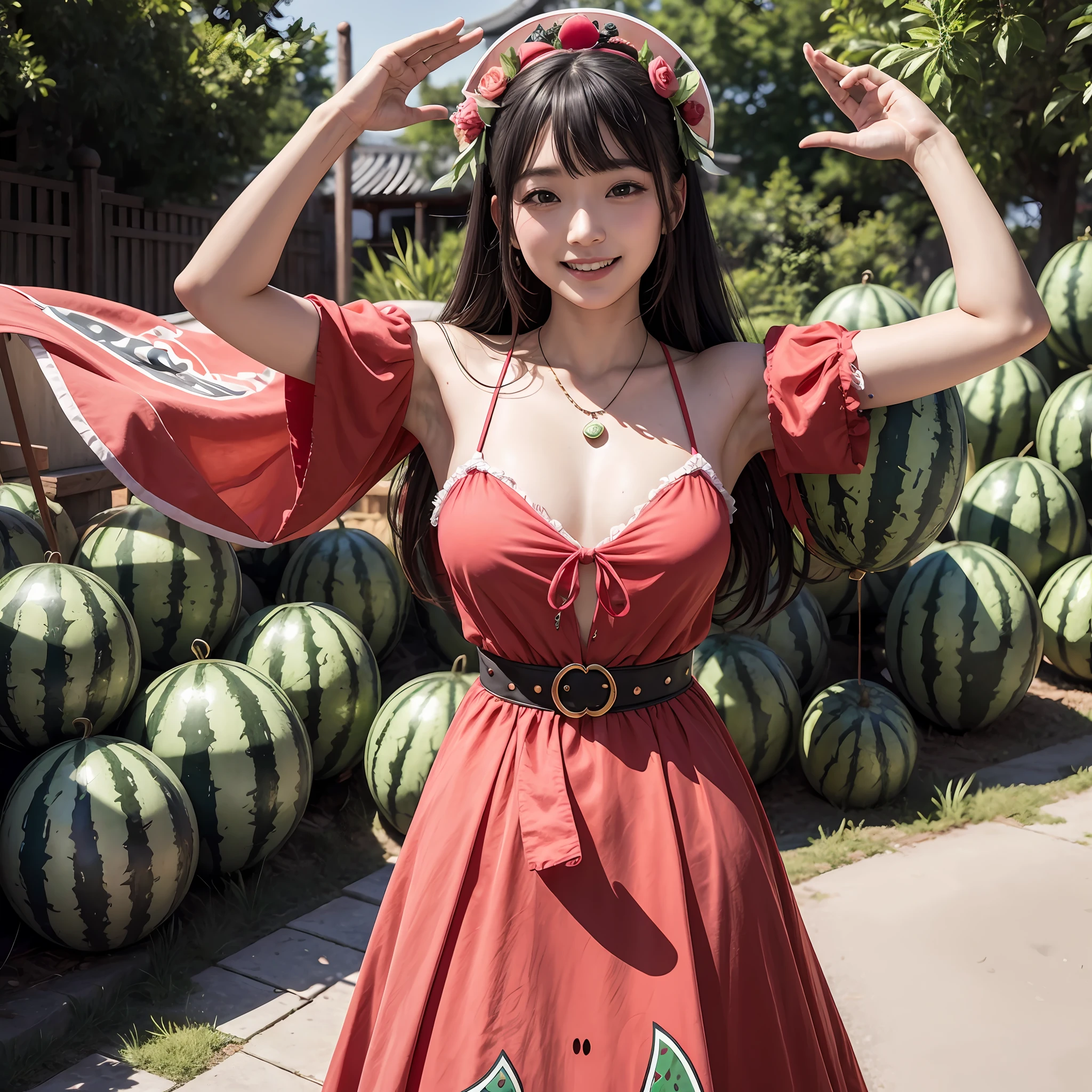 ​masterpiece、top-quality、realisitic、Photorealsitic、Watermelon-themed kingdom、Watermelon-themed castle、Princess in watermelon-themed dress、A Japanese Lady、Watermelon Accessories、Watermelon Jewelry、Surrounded by a lot of watermelons、Soldier in armor with watermelon motif、Bright décor、A smile、dynamic ungle、动态照明