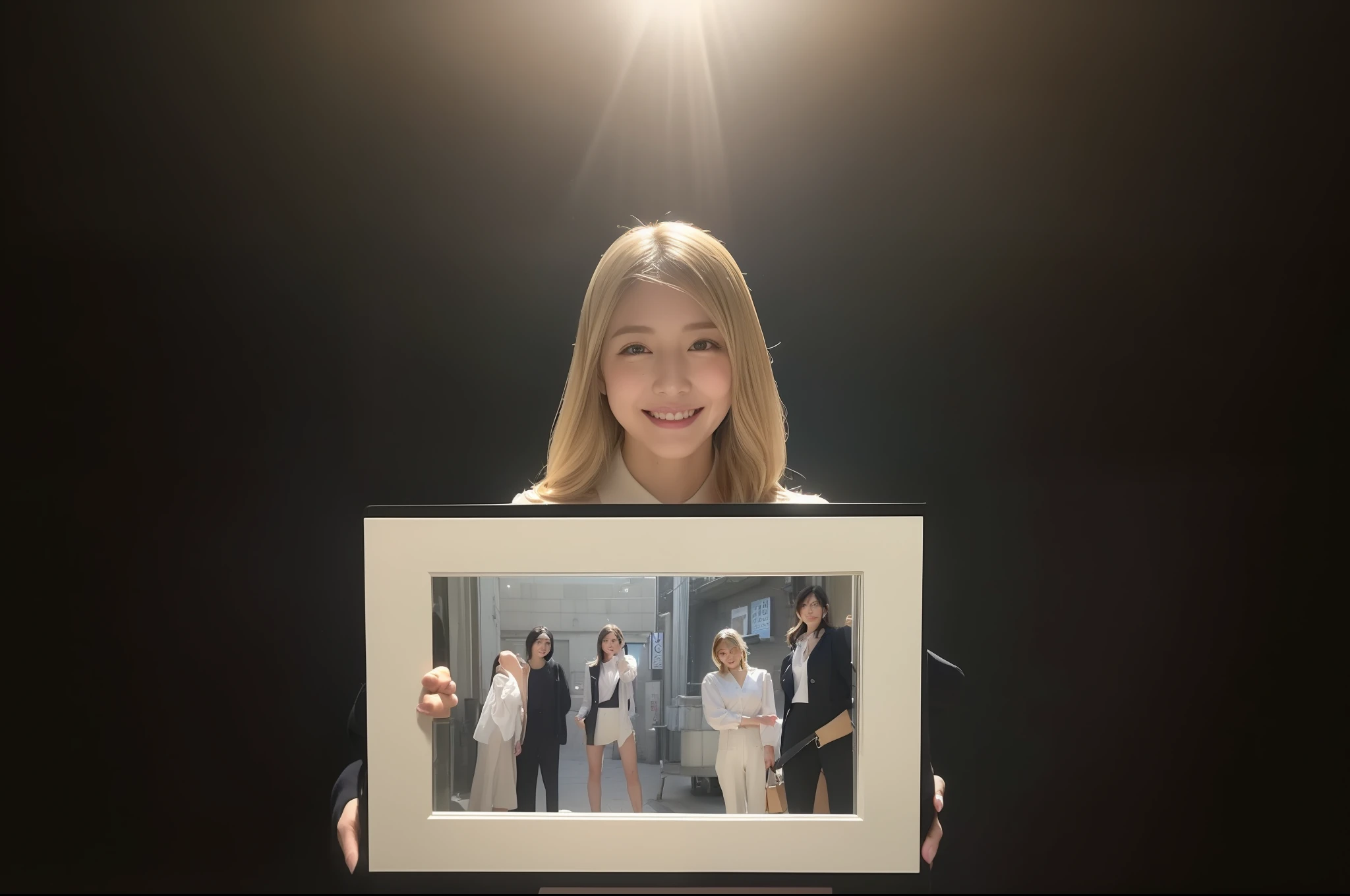 ((top-quality、8K、​masterpiece:1.3))、foco nítido:1.2、Perfect Body Beauty:1.4、Slim abs:1.2、((Dark blonde long hair、Colossal tits:1.2))、(natural soft light、street corner:1.2)、Highly detailed facial and skin texture、A detailed eye、(二重まぶた)、(((dynamic ungle))),Streets of Tokyo、Silver thin necklace、Smiling、White Slim Knit Shirt、Fitted shirts、Gentle expression、Beautie、Wavy Hair、Symbol of the Japan gal、Light makeup、(Holding a photo with both hands)、I'll show you the pictures I have.、Introduction to what you have、28 year old