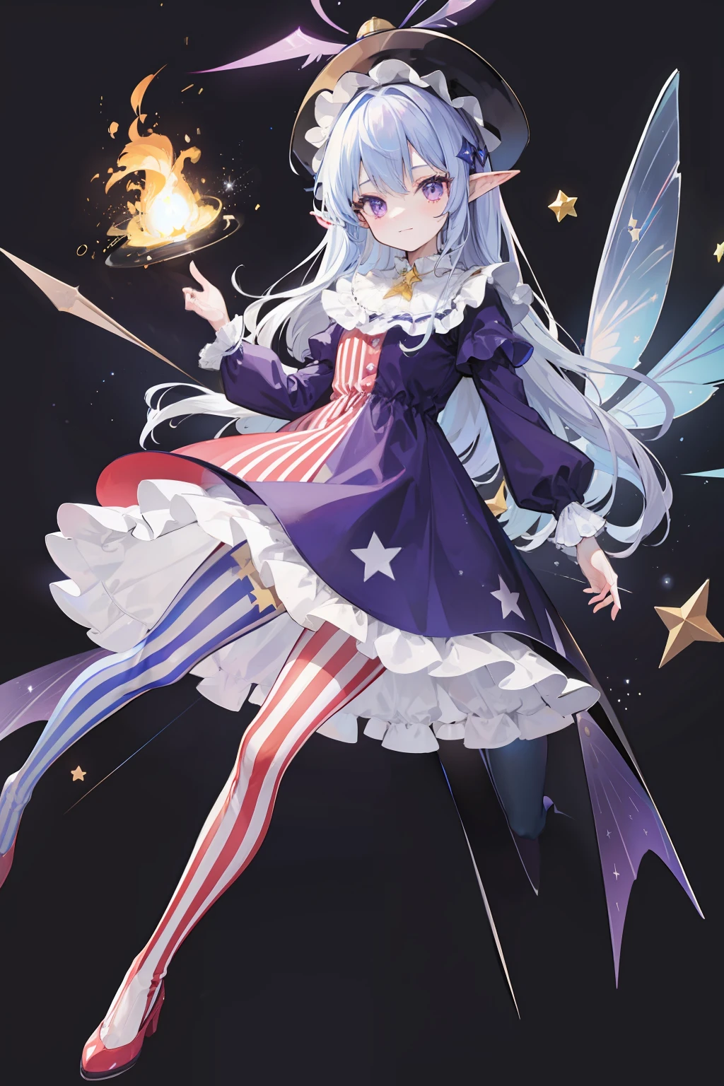 dress,fairy_wings,shirt_collar,full_body,hat,jester_cap,long_hair,looking_at_viewer,neck_ruff,pantyhose,polka_dot,polka_dot_headwear,print_legwear,purple_eyes,short_dress,smile,solo,star_(symbol),star_print,striped,striped_dress,striped_legwear,torch,transparent_background,very_long_hair,wings,clownpiece,in outer space