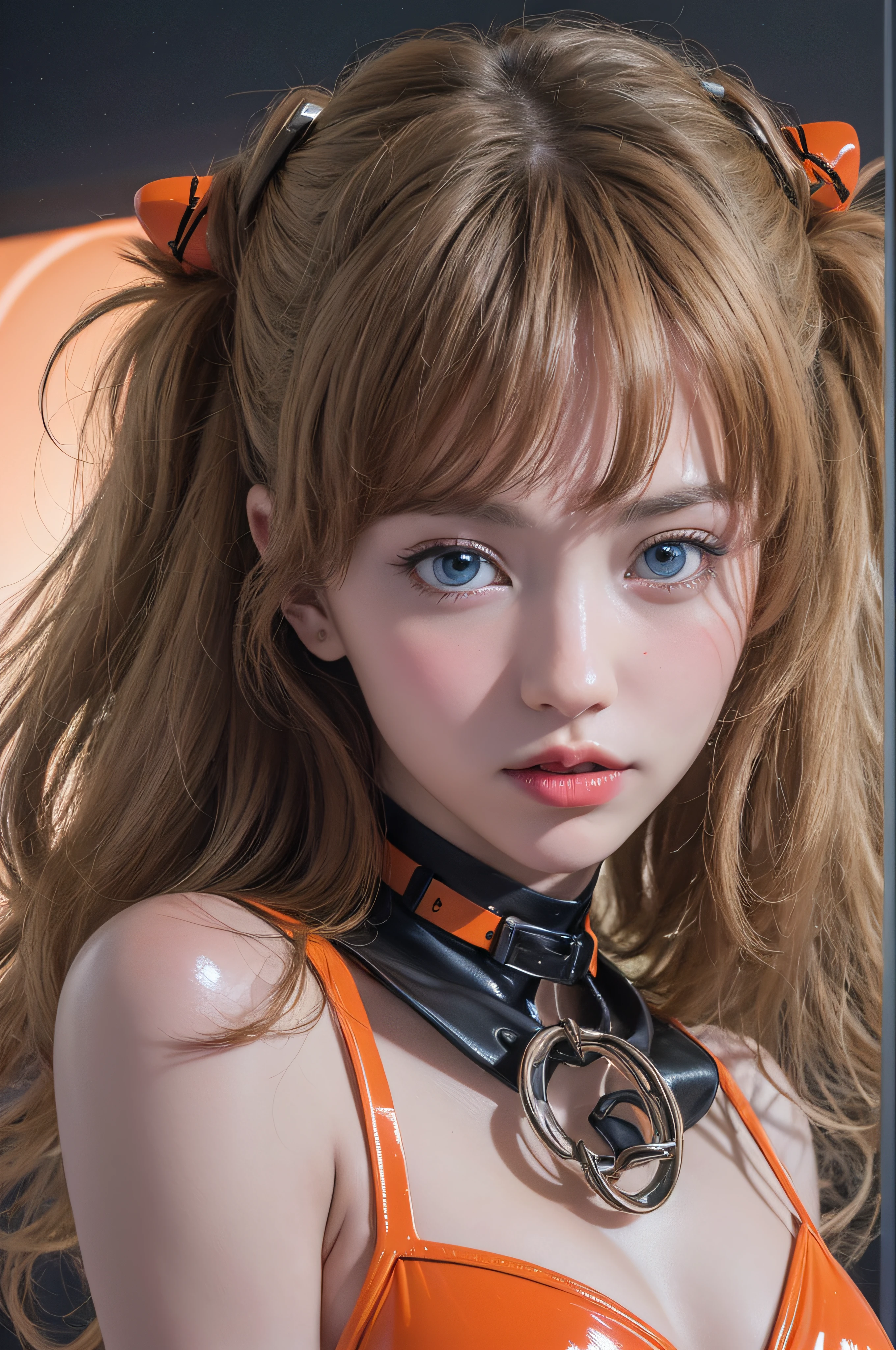 top-quality、​masterpiece、超A high resolution、(Photorealsitic:1.4)、Raw photography、(***1人)、glowy skin、Asuka Langley、((super realistic details))、portlate、globalillumination、Shadow、octan render、8K picture quality、ultrasharp、highly intricate detail、Realistic light、CGSoation Trends、Almond-shaped sky blue eyes、radiant eyes、Facing the camera、pink lipsticks、(Small)、(Orange ultra-thin latex micro bikini:1.4)、(Hard erection:1.2)、( looking upwards:1.2)、neon details、sitting on、(Metal belt at underbust)、(Metal collar)、(Upper arm metal bangles)、(Mechanical Hair Ornament)、Evangelion、Small LED lamp、Detailed CG image quality、Purple neon lighting、Green neon lighting