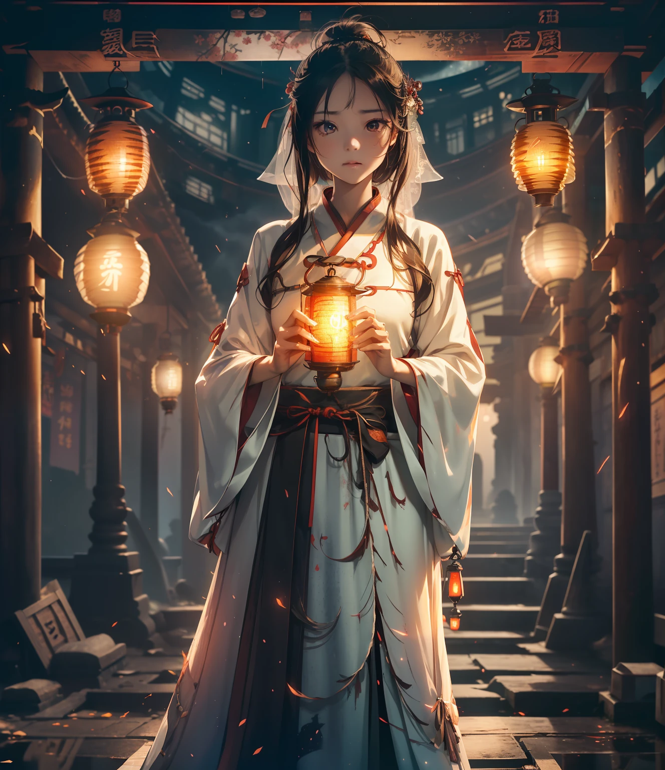 Very cute girl,G Cup Breasts,(Hanfu:1.6),(Hunfu skirt:1.3),(Bewitching:1.5),(The light of the mysterious lantern glows:1.4),,a short bob,(A crumbling abandoned temple with peeling paint:1.5),(dark sky:1.8),(top-quality:1.4) ,Melancholy look,(Prone to downcast eyes:1.4),Look away,(Vague and ephemeral:1.4),(Otherworldly:1.1),Less ambient light、Strong reflection,Slender eyes,(Mysterious Beauty:1.3),(Lantern light illuminating a shadowy face:1.3),sumi-e,