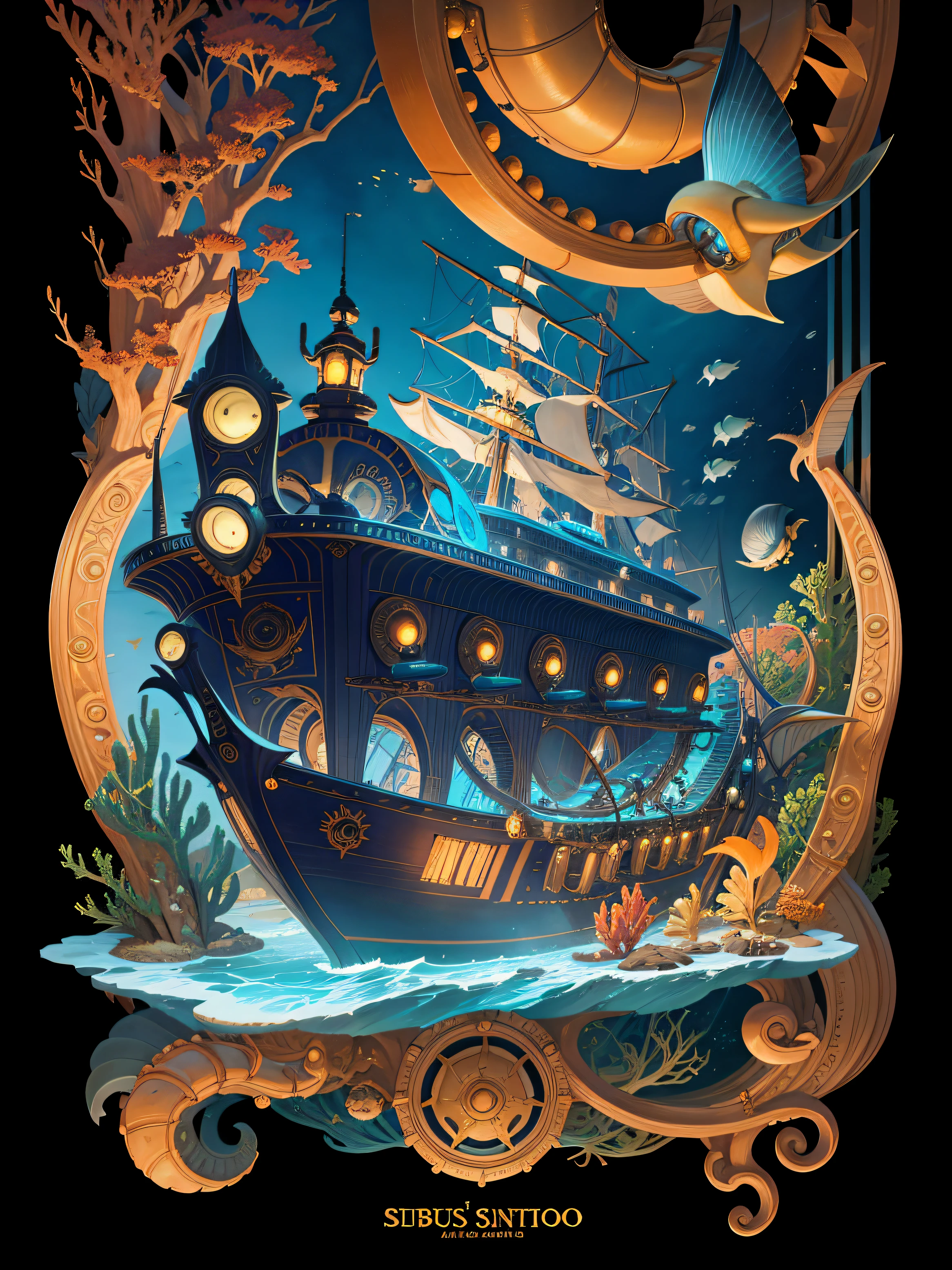 Captain Nemo's Nautilus/submarine style steampunk, underwater, fishes, corals, exploded diagram, Moebius style, Vibrant Colors, highly detailed --chaos 3 --v 5.2 --style raw