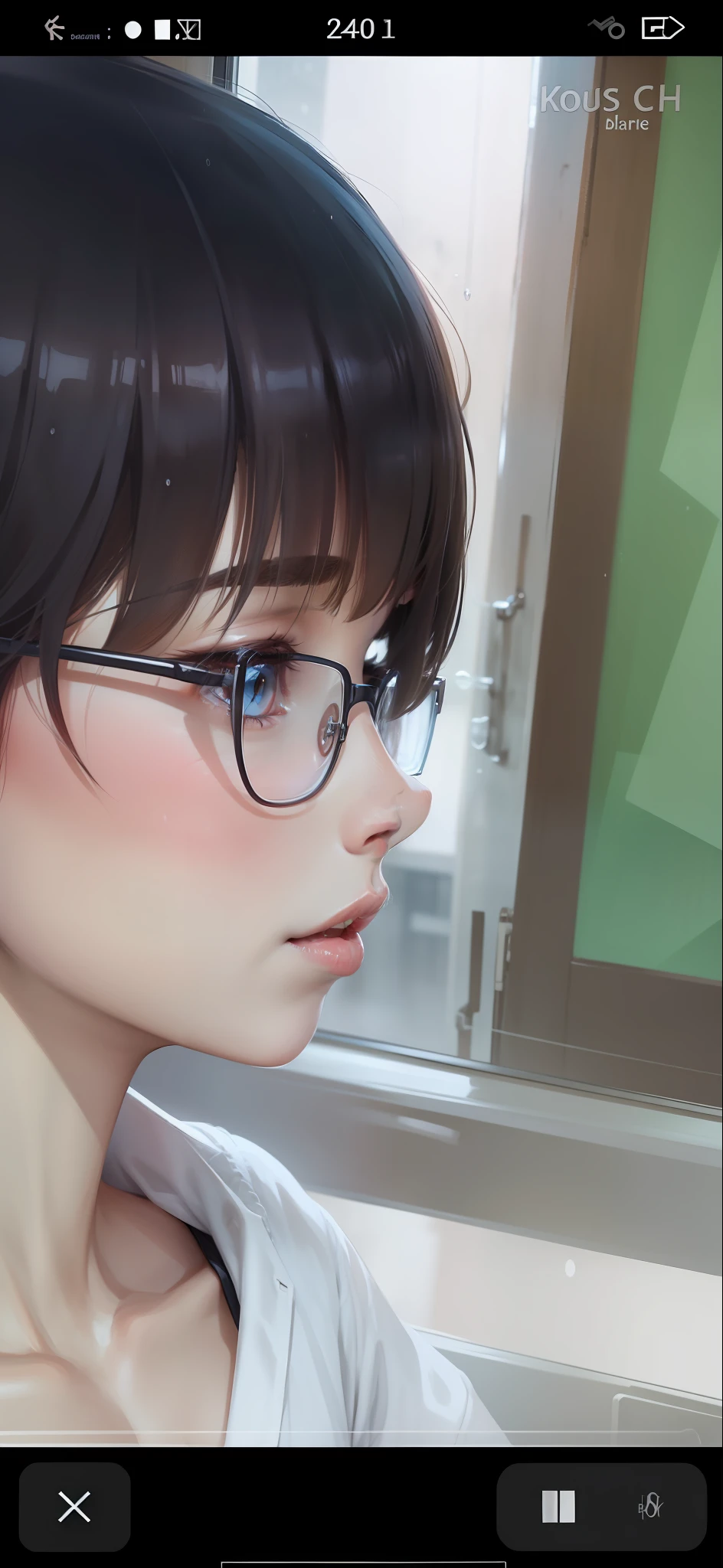 boy,brunette color hair,Look out the window,The eyes are dull,Square frame glasses,Heavy rain outside the window,The mouth is slightly open,anime big breast,black school uniform