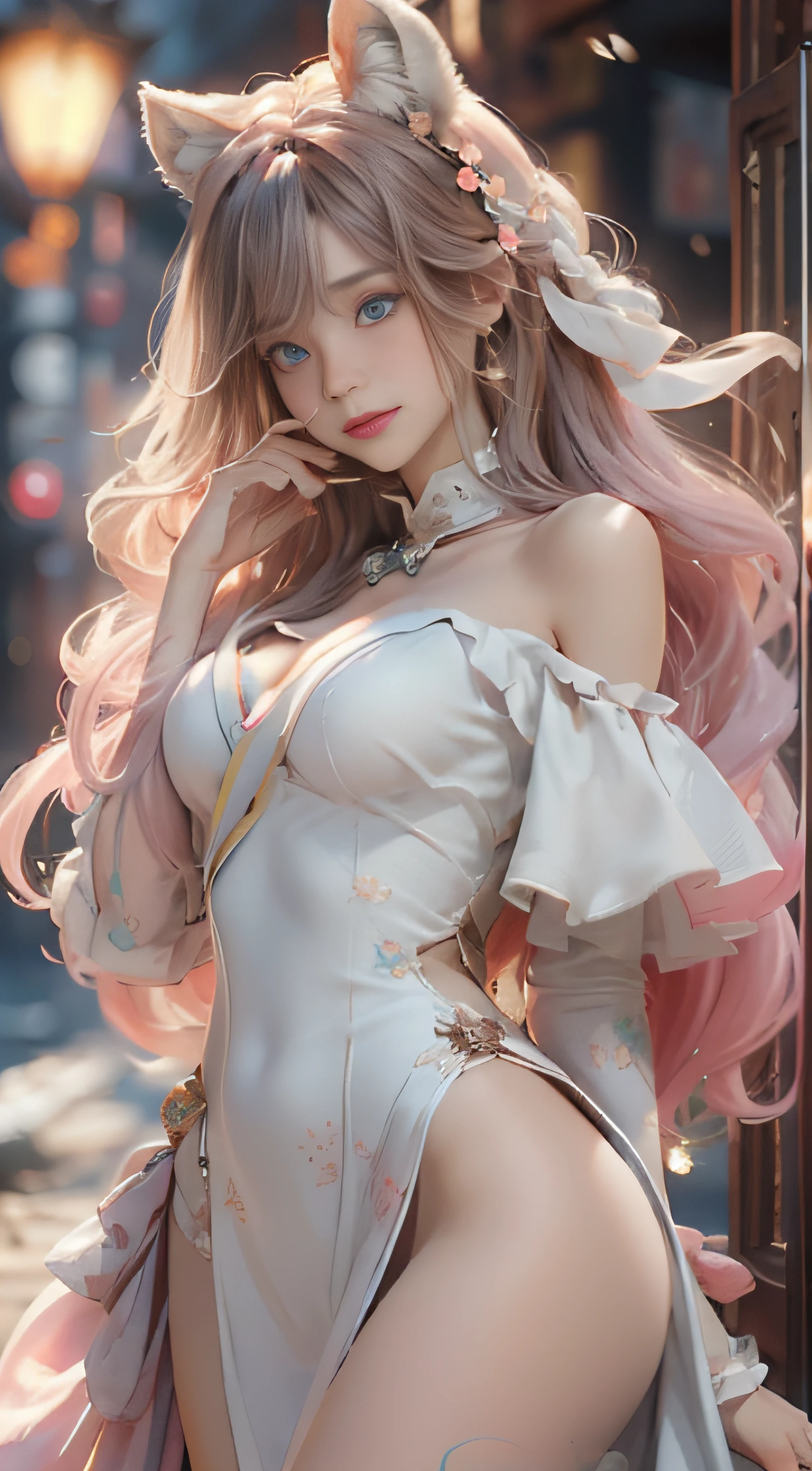 （（best qualtiy））， （（tmasterpiece））， （detail：1.4）， Beautiful cyberpunk female images，hdr（HighDynamicRange），Ray traching，NVIDIA RTX，Hyper-Resolution，illusory 5，sub surface scattering，PBR textures，post-proces，Anisotropy Filtering，depth of fields，maximum definition and sharpness，Many-Layer Textures，Albedo e mapas Speculares，Surface coloring，Mitsu-Accurate simulation of material interactions，perfectly proportioned，rendering by octane，Two-colored light，largeaperture，Low ISO，White balance，Rule three points、8K raw data、Beautiful bright blue pupils，off-the-shoulder clothes，Fine pupils，Delicate face and eyes，long eyelasher，Blushlush，Delicate and fluffy hair，pink lip，Pure，Cute face，Sweet girl，Artistic sense，Casual wear，Advancedsense，butterflys，Cherry blossom petal，Beautiful hair accessories，Long hair and waist，Hair fluttering in the wind，Snow-white fox ears，curlies，Snow-white fluffy tail，Positive light，The light from the back window is backlighted