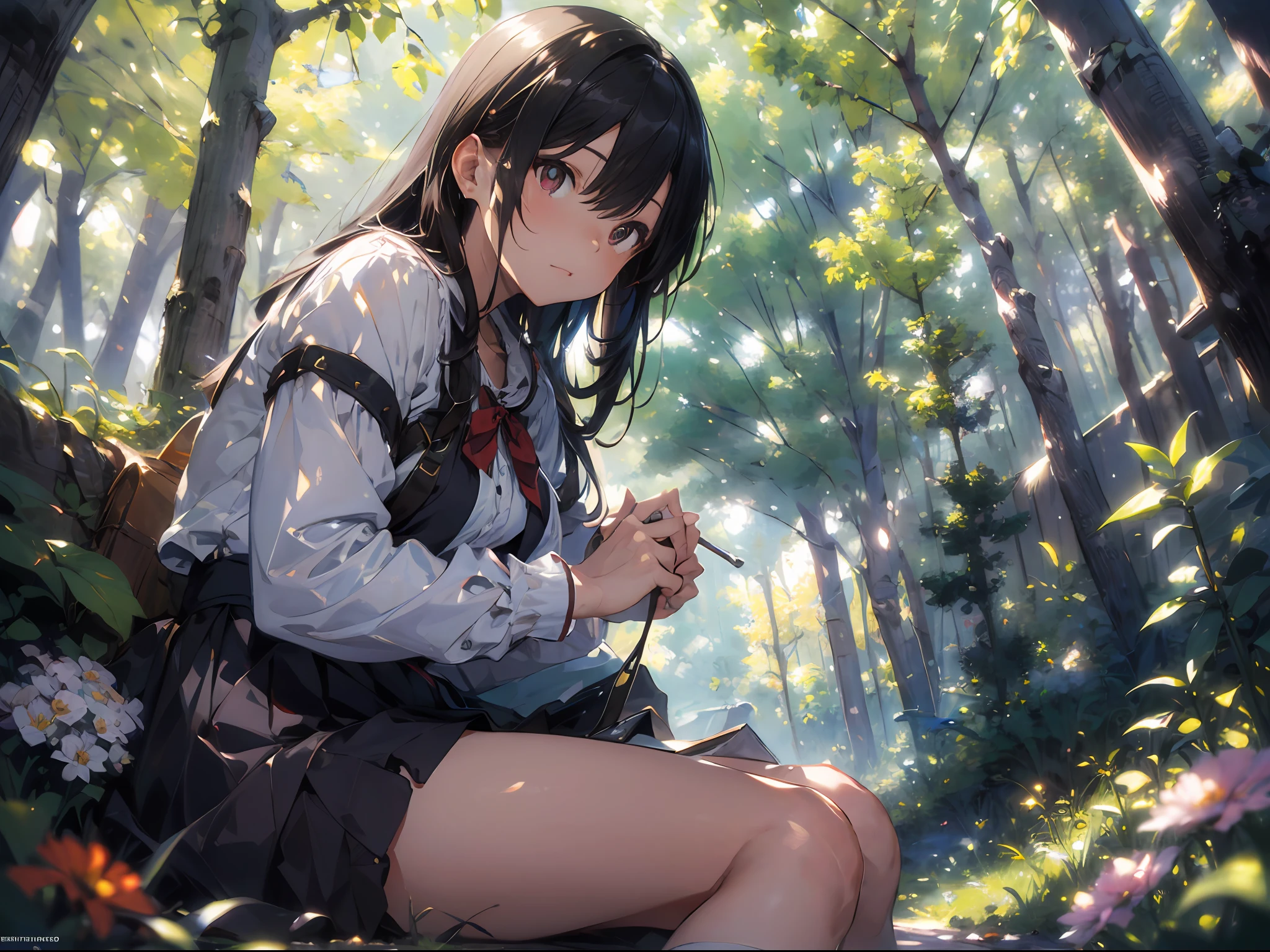 girl, sitting, side shot, (sky:1.3), (masterpiece, best quality, perspective, depth of field:1.5), flowers, rocky mountain, woods, beautiful face, thighs, from below, 8k, raw photo, absurdres, impressionism, (Tom Thomson, Claude Monet, Joaquín Sorolla, James Wilson Morrice, John Fabian Carlson, Hugh Henry Breckenridge:0.8), HDR, photorealistic, film grain, chromatic aberration, highres, ultra detailed, finely detail, dynamic lighting, dramatic lighting, shadow, sharp focus, extremely detailed eyes and face, sharp pupils, realistic pupils