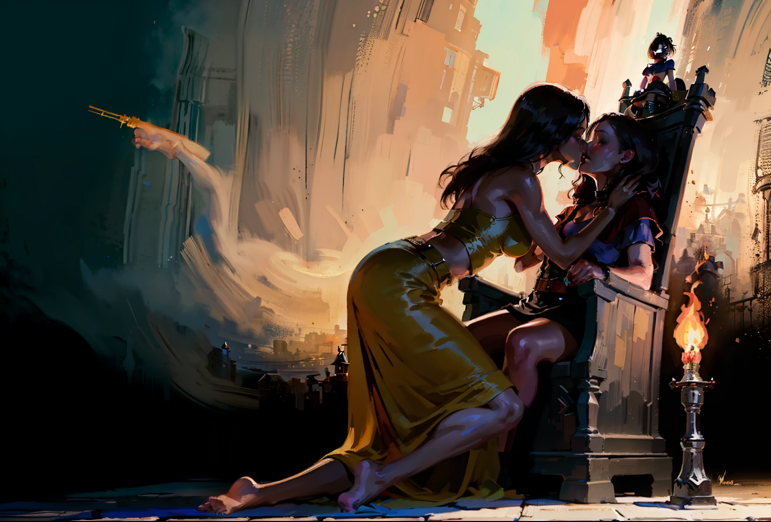 ((Raiders' clothing)), (((The face of a famous actress) )) ,(((The girl's leg is kissed by a male raider))), ((Painted with paints), ((Splashes and smears)), (The Official Art of Paints)), , (female chest) , ((Successful pose)), ( Successful composition) , ((Torches with fire and spears are all around , Shaman's Castle)), (Stone floor), (Girl in orange dress with belts) , (The girl sits on a post-apocalyptic throne) , ((ember , Kneeling, kisses the girl on the feet,Who sits on the throne))