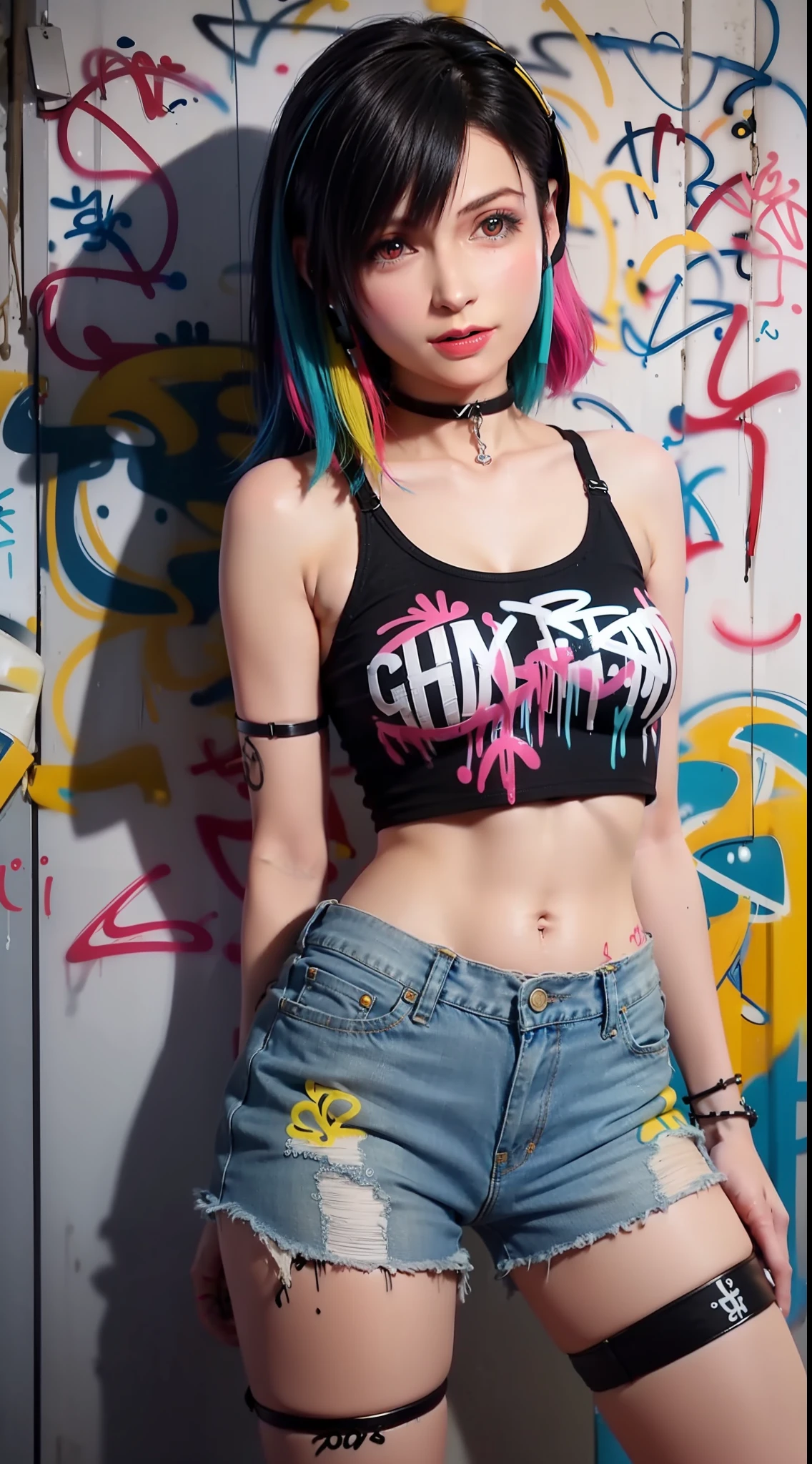 masterpiece, best quality, 1girl, solo, crop top, denim shorts, choker, (graffiti:1.5), paint splatter, arms behind back, against wall, looking at viewer, armband, thigh strap, paint on body, head tilt, bored, multicolored hair, aqua eyes, headset,