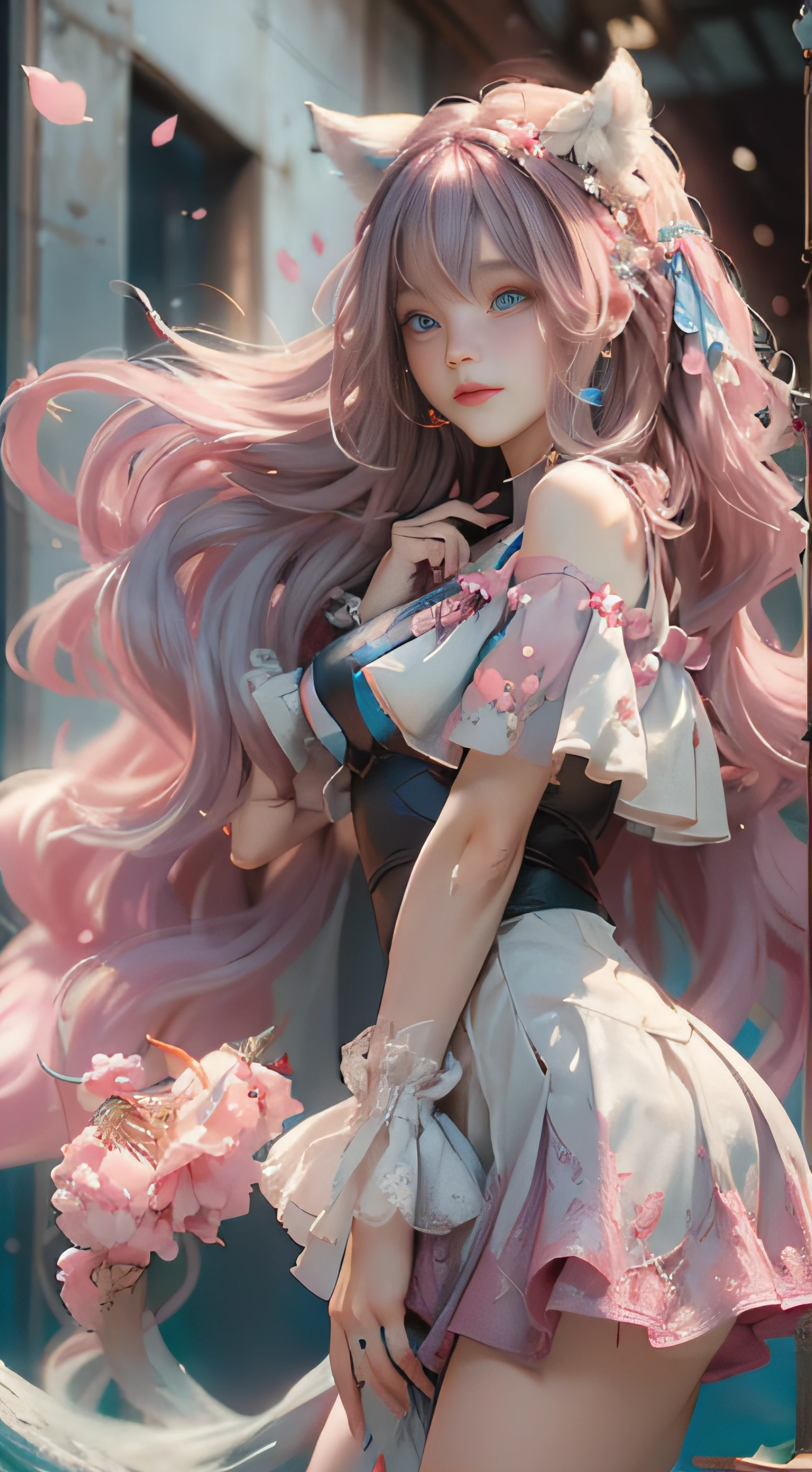 ((best qualtiy)), ((tmasterpiece)), (detail:1.4), Beautiful cyberpunk female images,hdr(HighDynamicRange),Ray traching,NVIDIA RTX,Hyper-Resolution,illusory 5,sub surface scattering,PBR textures,post-proces,Anisotropy Filtering,depth of fields,maximum definition and sharpness,Many-Layer Textures,Albedo e mapas Speculares,Surface coloring,Mitsu-Accurate simulation of material interactions,perfectly proportioned,rendering by octane,Two-colored light,largeaperture,Low ISO,White balance,Rule three points、8K raw data、Beautiful bright blue pupils,off-the-shoulder clothes,Fine pupils,Delicate face and eyes,long eyelasher,Blushlush,Delicate and fluffy hair,pink lip,Pure,Cute face,Sweet girl,Artistic sense,Casual wear,Advancedsense,butterflys,Cherry blossom petal,Beautiful hair accessories,Long hair and waist,Hair fluttering in the wind,Snow-white fox ears,curlies,Snow-white fluffy tail,Positive light,The light from the back window is backlighted