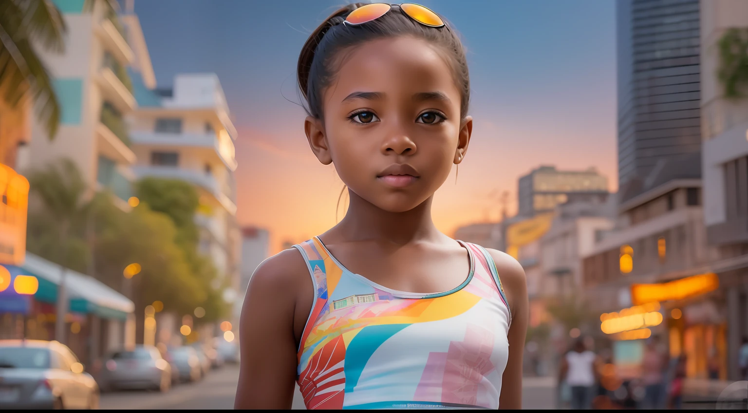 Generate an awe-inspiring hyper-realistic image showcasing a mesmerizing -yeld grda girl with authentic features, gracefully positioned in front of a dynamic and vibrant cityscape.