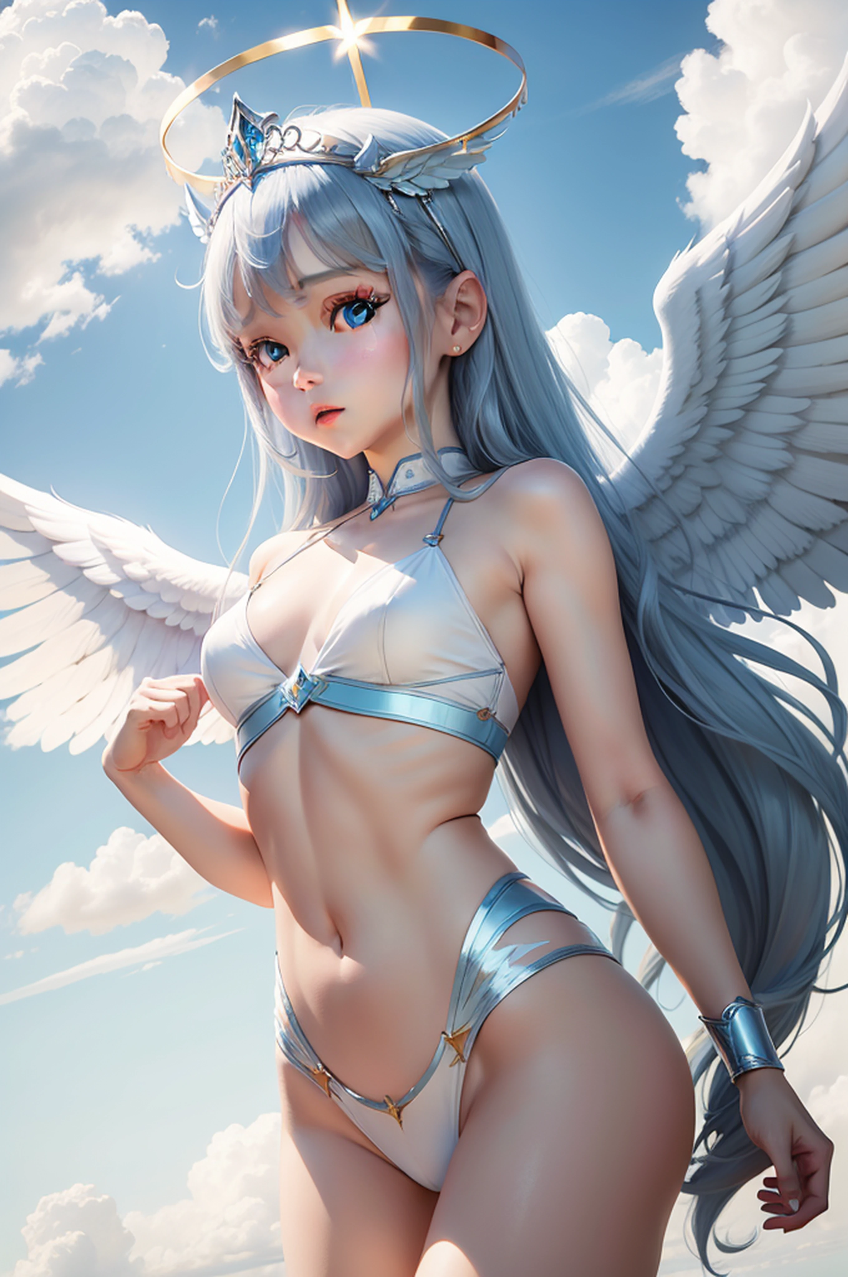 Whole body diagram,Blue sky and white cloud background,Three angel girls,Shiny white wings,The halo,Delicate tiara