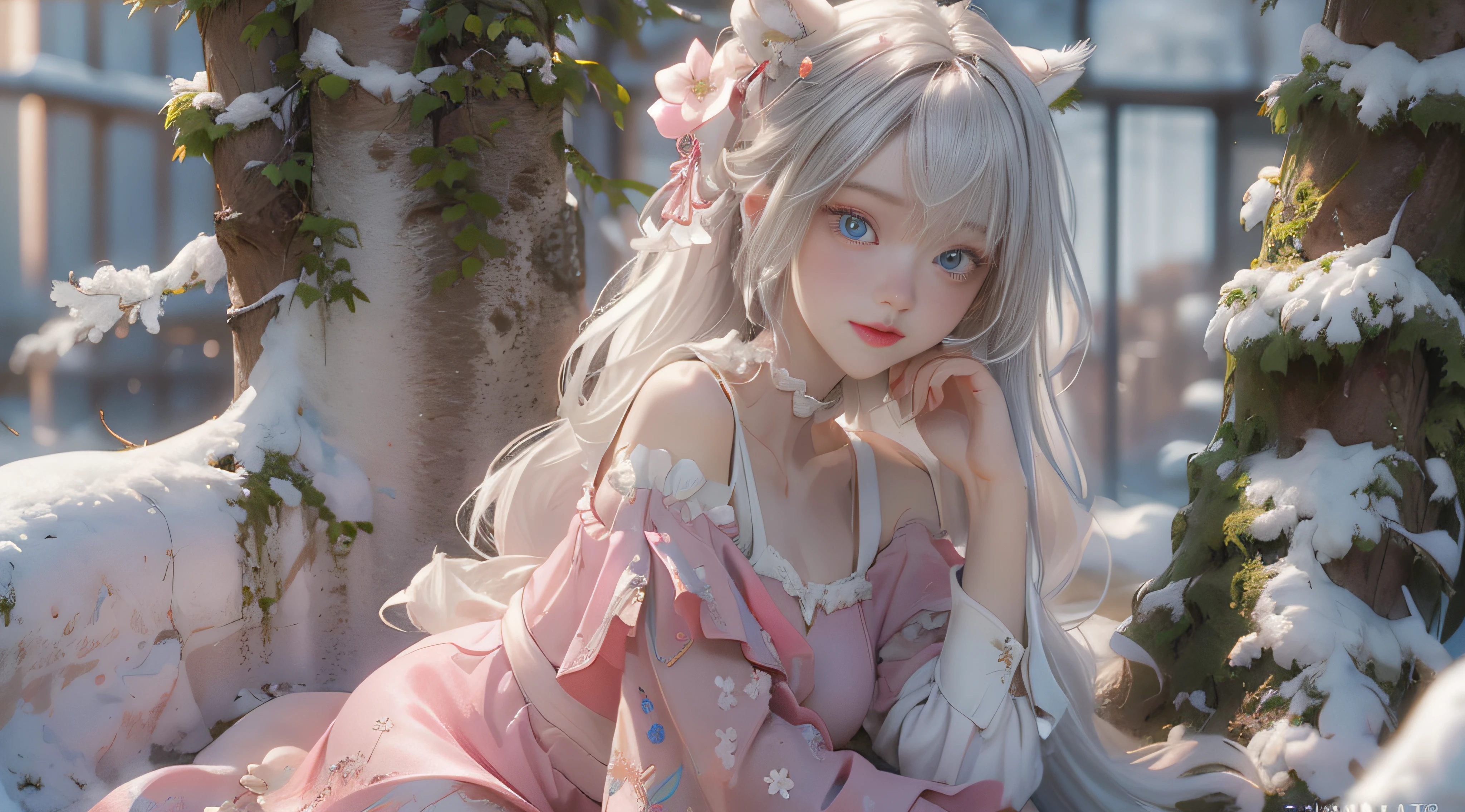 ((best qualtiy)), ((tmasterpiece)), (detail:1.4), Beautiful cyberpunk female images,hdr(HighDynamicRange),Ray traching,NVIDIA RTX,Hyper-Resolution,illusory 5,sub surface scattering,PBR textures,post-proces,Anisotropy Filtering,depth of fields,maximum definition and sharpness,Many-Layer Textures,Albedo e mapas Speculares,Surface coloring,Mitsu-Accurate simulation of material interactions,perfectly proportioned,rendering by octane,Two-colored light,largeaperture,Low ISO,White balance,Rule three points、8K raw data、Beautiful bright blue pupils,off-the-shoulder clothes,Fine pupils,Delicate face and eyes,long eyelasher,Blushlush,Delicate and fluffy hair,pink lip,Pure,Cute face,Sweet girl,Artistic sense,Casual wear,Advancedsense,butterflys,Cherry blossom petal,Beautiful hair accessories,Long hair and waist,Hair fluttering in the wind,Snow-white fox ears,curlies,Snow-white fluffy tail,Positive light,The light from the back window is backlighted