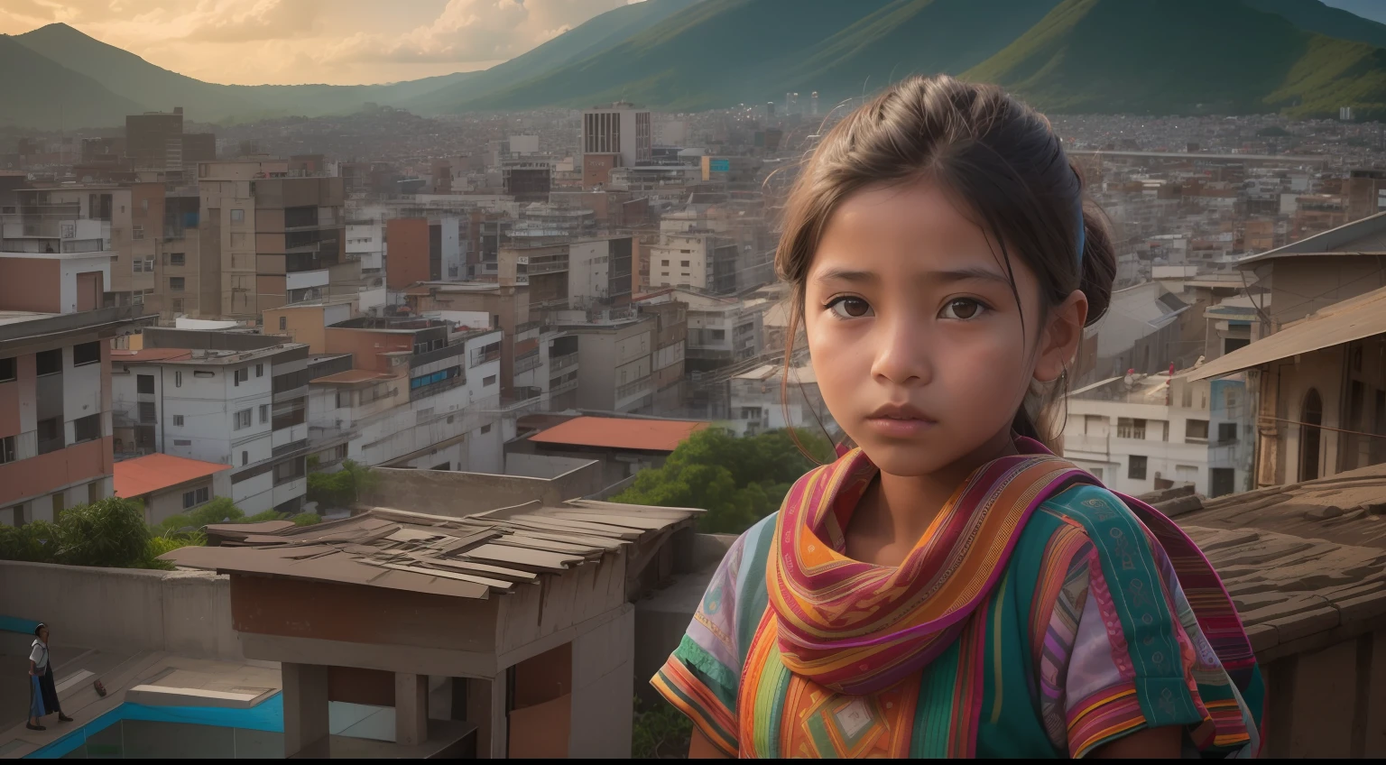 Generate an awe-inspiring hyper-realistic image showcasing a mesmerizing 10-year-old Guatemala girl with authentic features, gracefully positioned in front of a dynamic and vibrant cityscape.