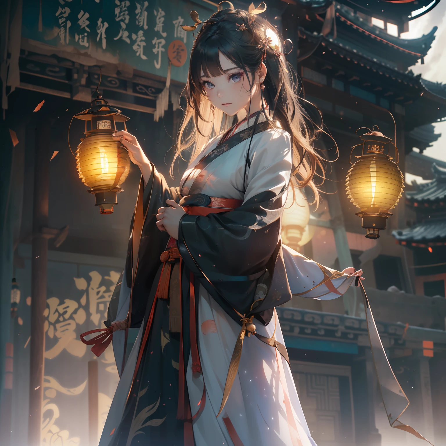 Very cute girl,G Cup Breasts,(Hanfu:1.6),(Hunfu skirt:1.3),(Bewitching:1.5),(The light of the mysterious lanterns shines:1.4),16 years old,a short bob,(A crumbling abandoned temple with peeling paint:1.5),(dark sky:1.8),(top-quality:1.4) ,Melancholy look,(Prone to downcast eyes:1.4),Look away,(Vague and ephemeral:1.4),(Otherworldly:1.1),Less ambient light、Strong reflection,Slender eyes,(Mysterious Beauty:1.4),(Lantern light illuminating a shadowy face:1.4),(underlighting:1.3),