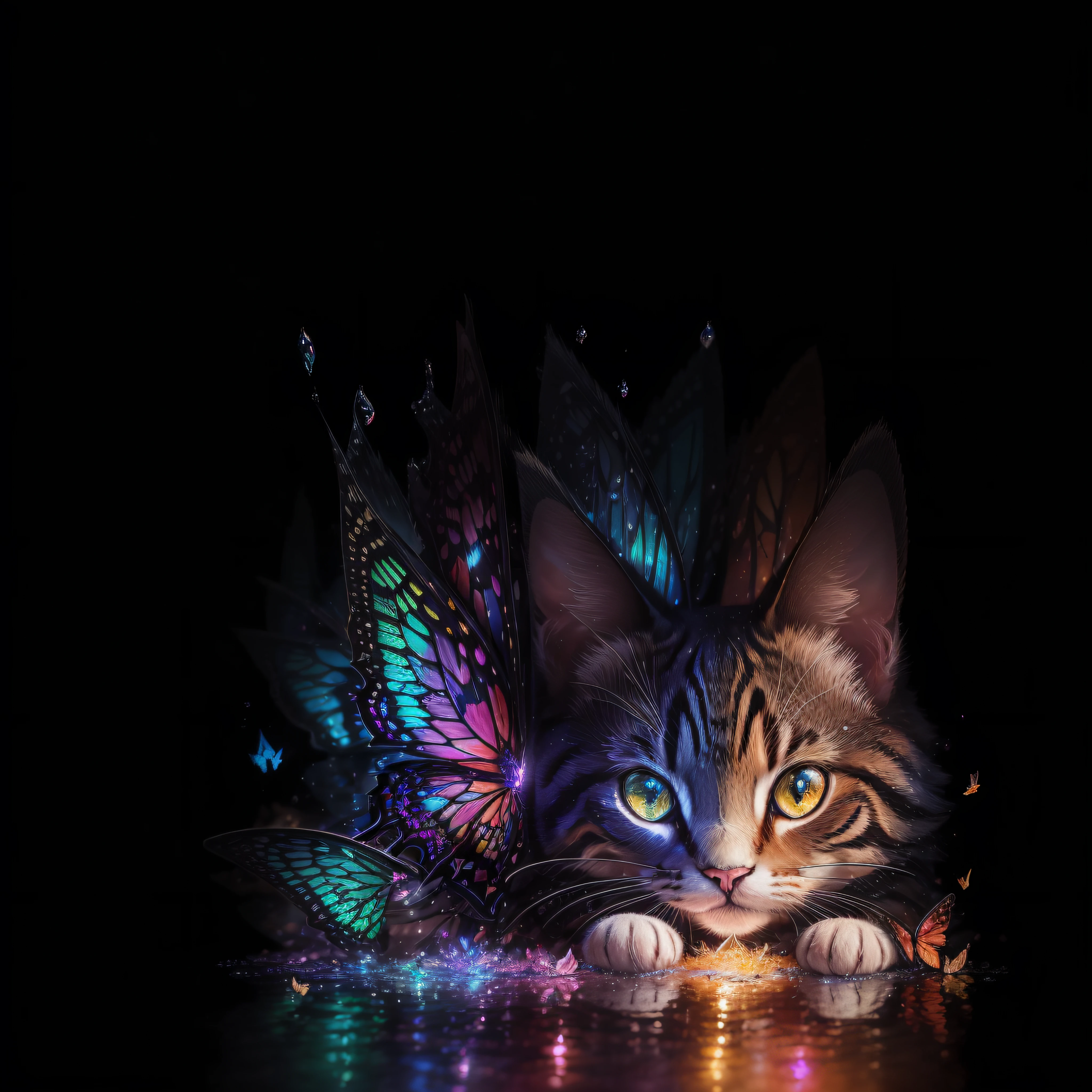Cat、Cat、Cat、Cat、close-up of the smile face、smil、(roundly eyes、Sapphire green eyes,、Glowing eyes、Eye Gloss)、(Open lips、teeth are slightly visible、lipgloss)、dreamlikeart、Highly detailed airbrush art、intricate detailes、Volumetric lighting、top-quality、The ultra-detailliert、The composition of the movement、Highly detailed colorful details、Irridescent color、Bright lighting、dream-like、Magical、dynamic compositions、The mirror reflects light、Shallow depth of field、ultra-detailliert、mixing exposure、Super masterpiece、vivd colour、colourfull、One woman's face、Cute cat in clothes、Anthropomorphic representation、Rich colors、exquisitedetails、(butterflys,Exquisite butterflies,Ultra CG), (High resolution:1.5)、、Colorful, Transparent gems on the beach、Orange in the sky、pink there、Absolutely enchanting sunset on the beach mixed with yellow、The water is crystal clear and splashing、White sand beach stretches out as far as the eye can see、Dynamic and breathtaking scenes、