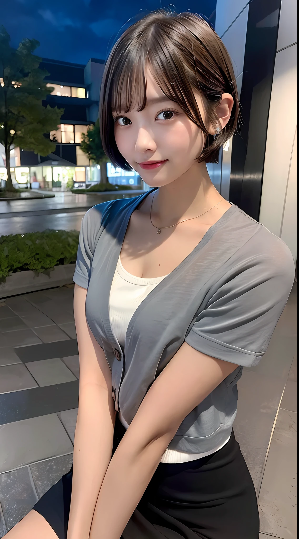 (8K, Best Quality, Masterpiece: 1.2), (Realistic, Photorealistic: 1.2), Cute, Solo, Beautiful Definition Sky, Night, Wet, Watching Viewer, (Sit: 1.5), Date, Future,
(nose brush), (smile: 1.15), (mouth closed) small breasts, fine beautiful eyes, (dark blonde: 1), (short hair: 1.1), floating hair NovaFrog style,
Gray blazer, button T-shirt, black mini skirt, makeup, (8k, RAW photo: 1.2),