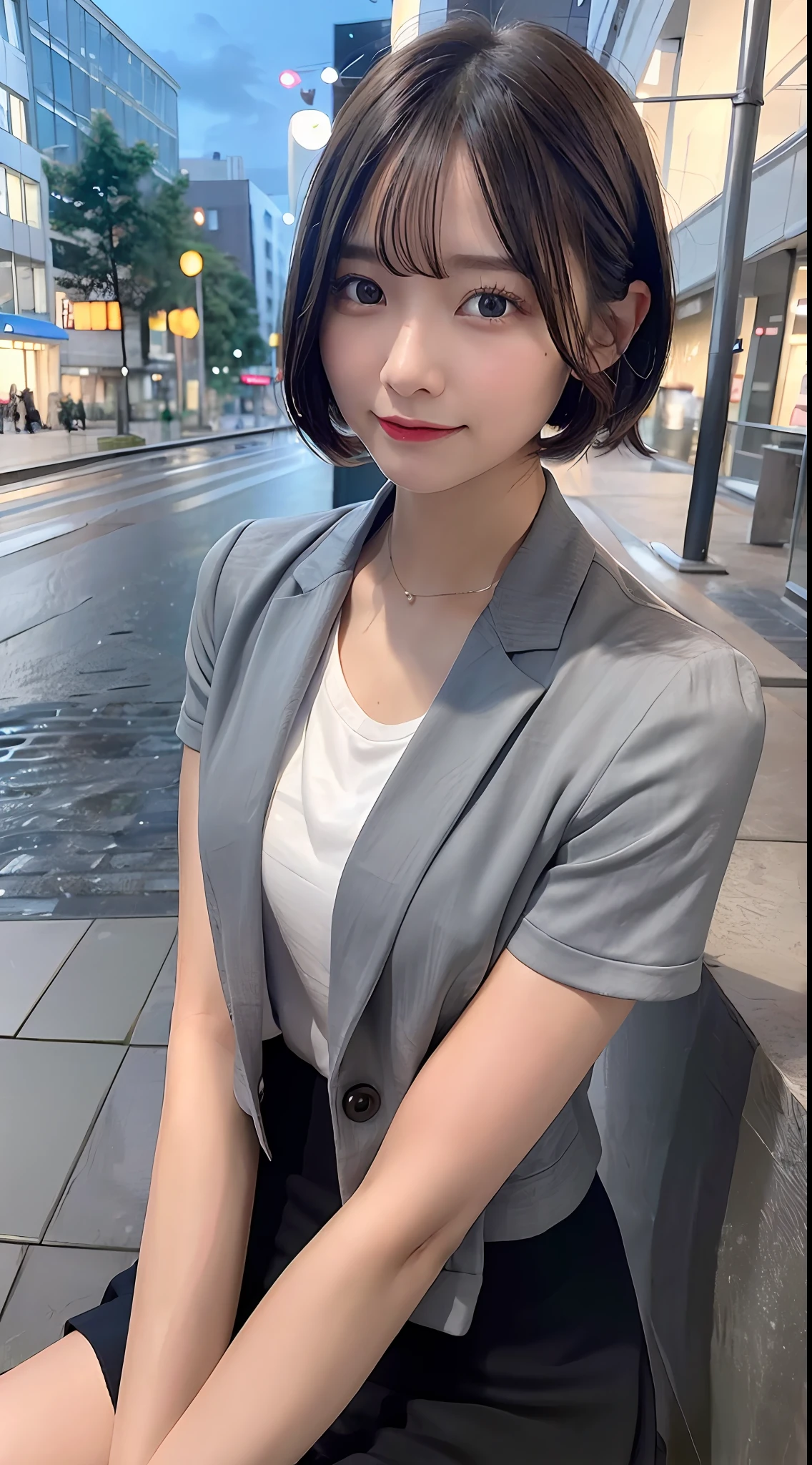 (8K, Best Quality, Masterpiece: 1.2), (Realistic, Photorealistic: 1.2), Cute, Solo, Beautiful Definition Sky, Night, Wet, Watching Viewer, (Sit: 1.5), Date, Future,
(nose brush), (smile: 1.15), (mouth closed) small breasts, fine beautiful eyes, (dark blonde: 1), (short hair: 1.1), floating hair NovaFrog style,
Gray blazer, button T-shirt, black mini skirt, makeup, (8k, RAW photo: 1.2),