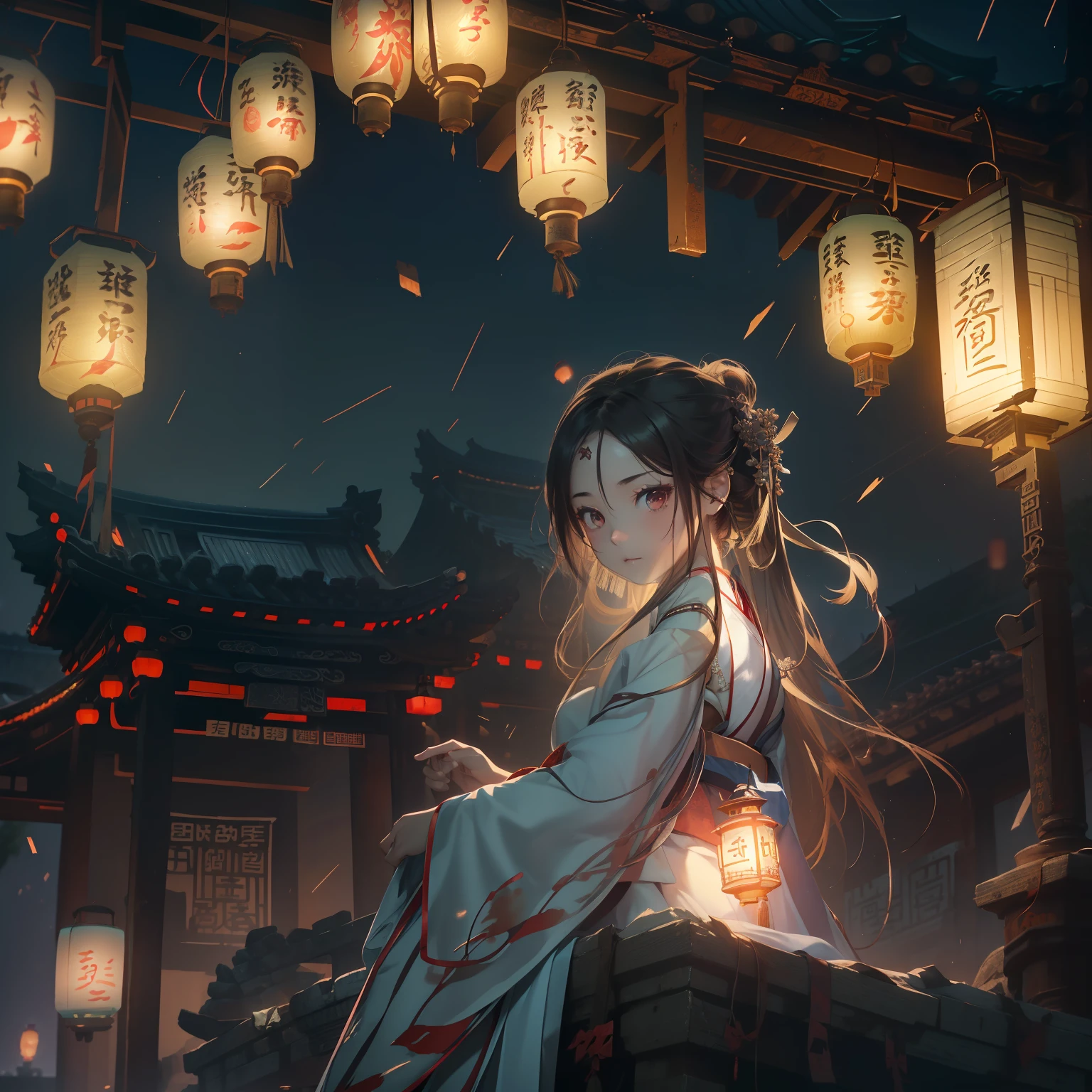 Very cute girl,G Cup Breasts,(Hanfu:1.6),(Hunfu skirt:1.3),(Bewitching:1.5),(The light of the mysterious lanterns shines:1.4),16 years old,a short bob,(A crumbling abandoned temple with peeling paint:1.5),(dark sky:1.8),(top-quality:1.4) ,Melancholy look,(Prone to downcast eyes:1.4),Look away,(Vague and ephemeral:1.4),(Otherworldly:1.1),Less ambient light、Strong reflection,Slender eyes,(Mysterious Beauty:1.3),(Lantern light illuminating a shadowy face:1.4),underlighting,