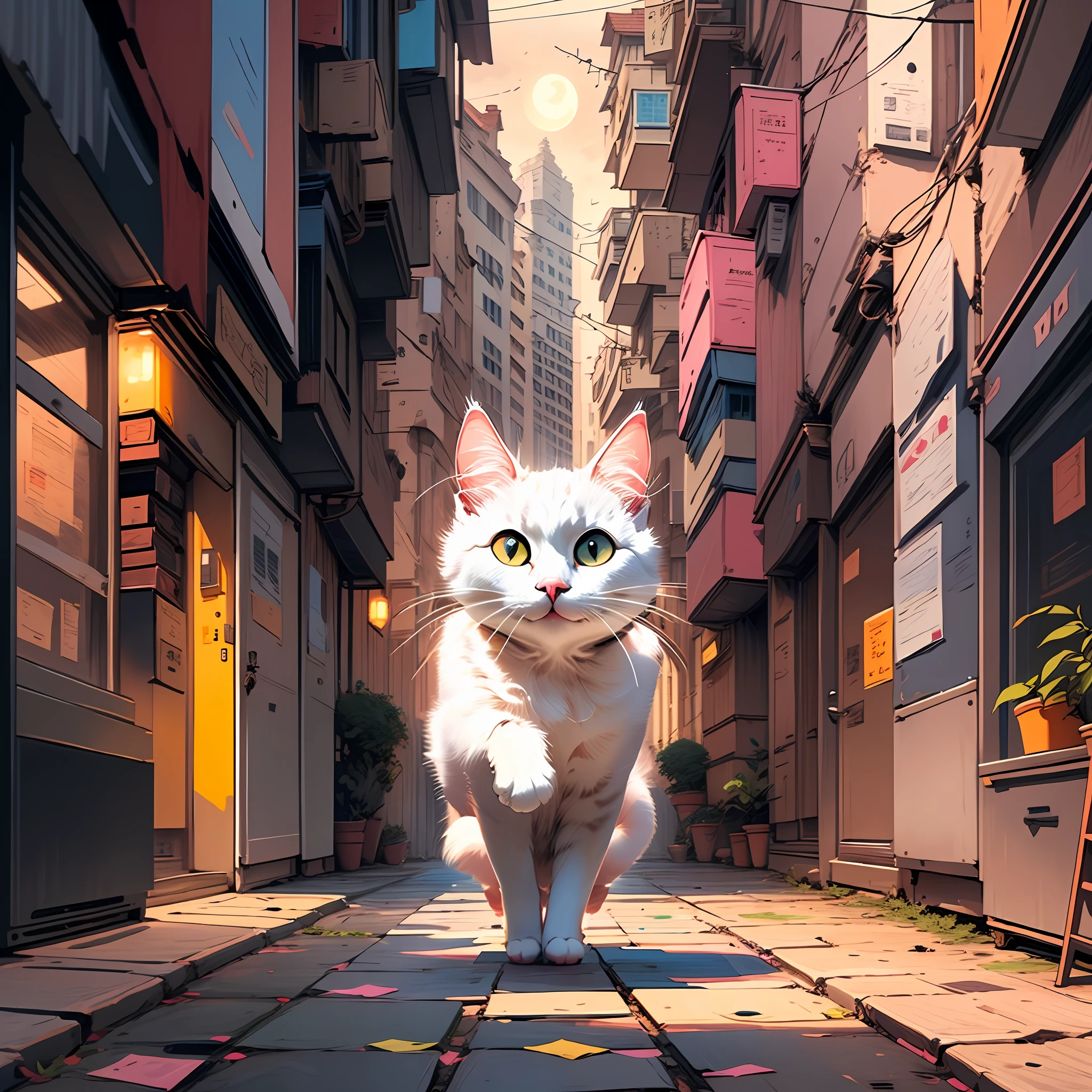 A white cat， Fluorescent pink，largeeyes， tmasterpiece， moon full， alleys