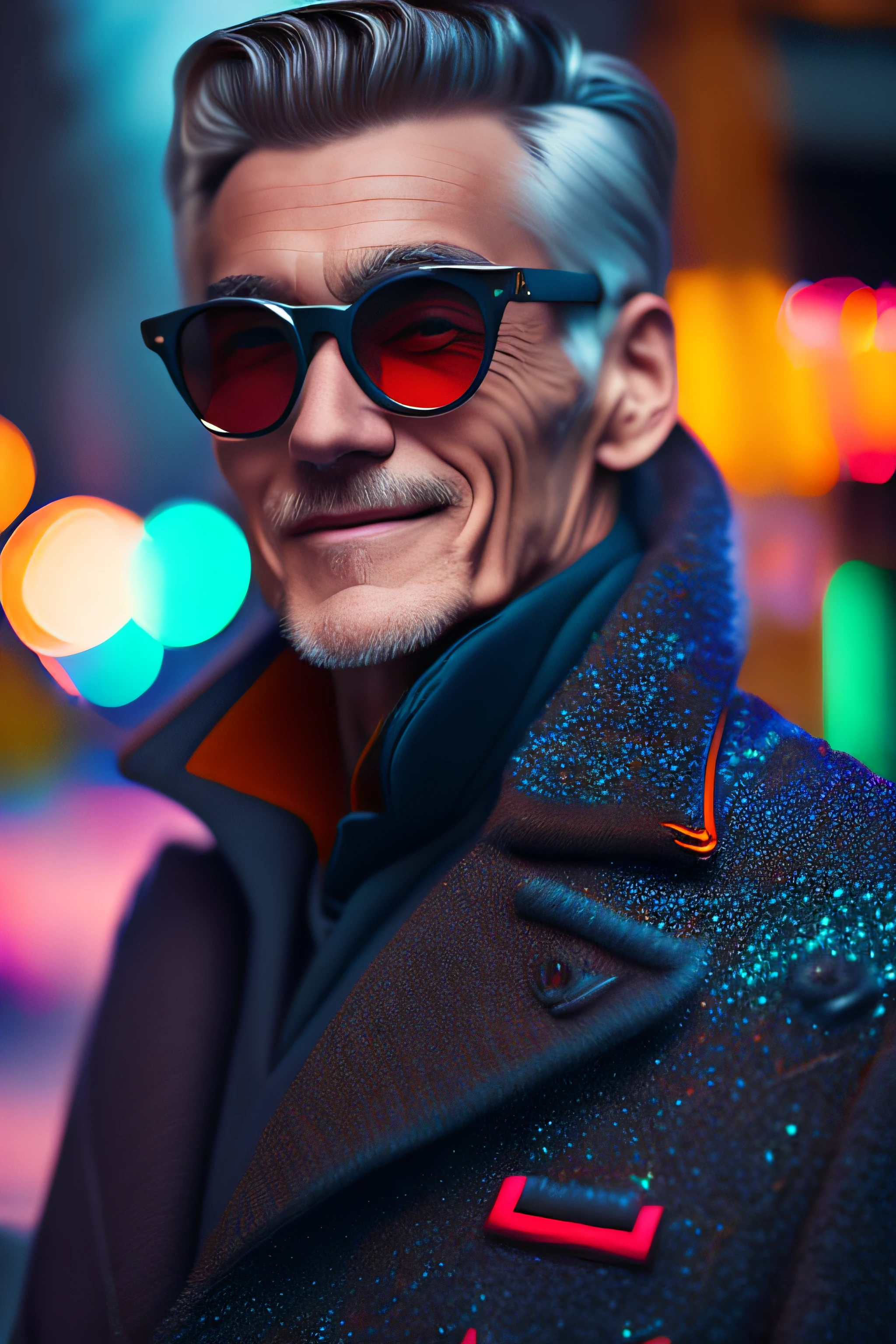 (fashionista portrait old european man, 1950s with intricate colorful modern bright colored glasses), c0lorful cute hair, smiling expression, (extremely detailed digital photography: 1.2), standing in the middle of the city, ((((full body)))), raw image,, Hasselblad, 50asa, f8, 12mm, glow effects, godrays, hand drawn, render, 8k, octane render, cinema 4d, blender, dark, atmospheric 4k ultra detailed,  cinematic sensual, sharp focus, humorous illustration, great depth of field, masterpiece, colors, 3d octane rendering, 4k, concept art, trend in artstation, hyperrealistic, vivid colors, rim light, extremely detailed CG 8k wallpaper unit, trend in ArtStation, trend in CGSociety, Pop Art style by Erik Madigan Heck, Intricate, High Detail, dramatic, pure energy,  Light particles, Sci-Fi