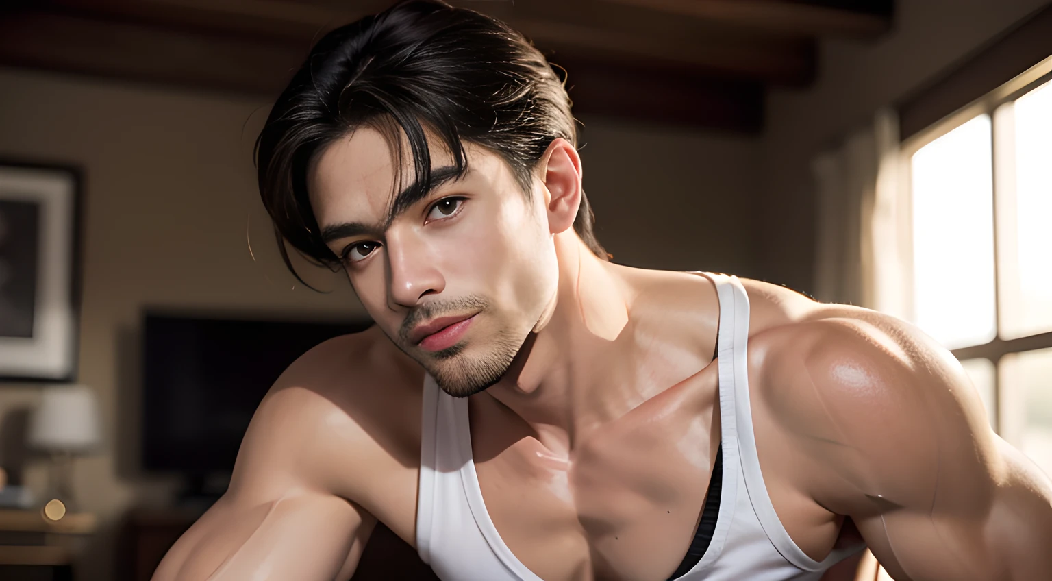 ((Men only)), (cowboy shot), (Handsome muscular man in his 30s in white tank top), Mischievous smile, (detaile: 1 in 1), Natural muscles, HIG quality, beautidful eyes, (Detailed face and eyes), (Face、: 1 / 2), Noise, Real Photographics、... .....................................................................................................PSD, Sharp Focus, High resolution 8K, realisitic & Professional Photography, 8K UHD, Soft lighting, High quality, Film grain, FujifilmXT3
