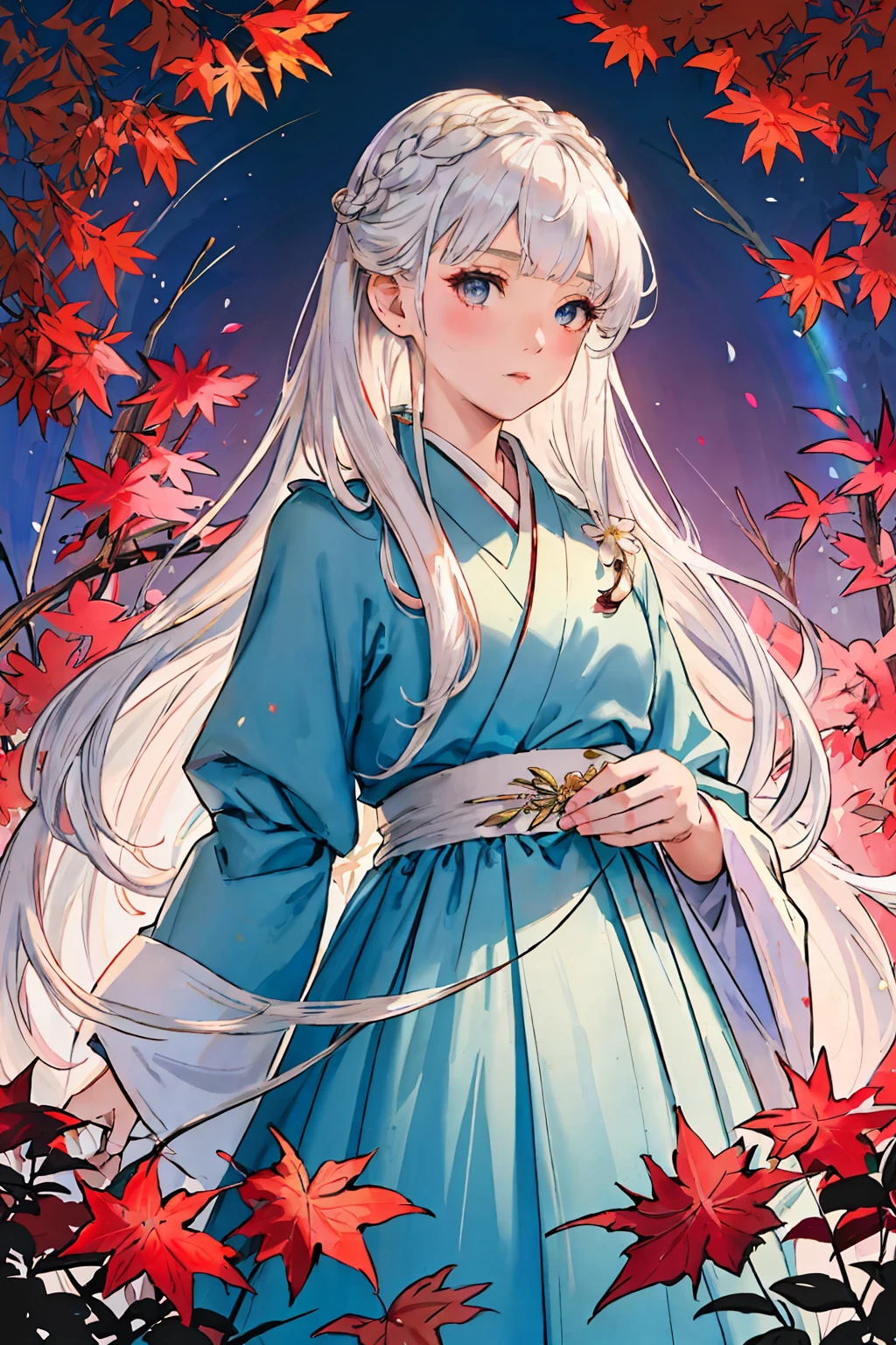 (best quality), oriental detailed background,, ((masterpiece)), (((best quality))), ((ultra-detailed)), ((disheveled hair)), (1 girl), (solo), (beautiful white young beauty girl), korean idol, (whole body), dynamic angle, beautiful detailed eyes, hairs between eyes, (small head), (cannon EOS 5D MARK III, 50mm Sigma f/1.4 ZEISS lens, F1.4, 1/800s, ISO 100:1), nsfw, masterpiece, best quality, asymmetrical bangs, hair behind ear, hair over one eyebrow, delicate facial features,1girl, white hair, red bridge hair, eromanga, Urban_Fantasy, alchemist,, ((cinematic light)), ultra detailed, best quality, absurdres, high resolution, (extremely detailed 8k wallpaper), ((an delicate and beautiful)), pixiv, hyper detailed, best anatomy, illustration, no human, (((masterpiece))), ((highres)), ((high quality)), (intricate details), (fantasy), detailed forest, (colorful various leaves), ((rainbow)), (liquid), best shadow, sunlight, hollow, colorful, pink petals, gold leaves, (blue leaves), lens flare, pastel color,