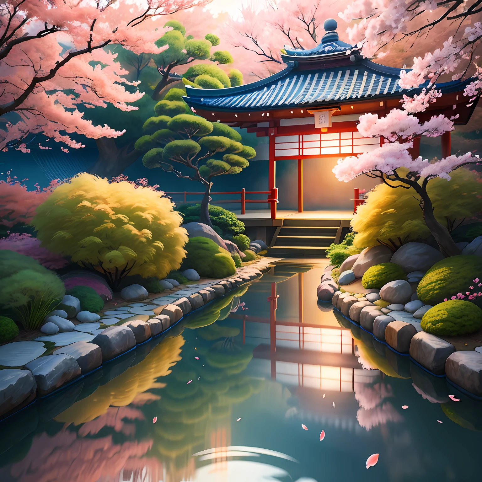 (digital painting),(best quality), serene Japanese garden, cherry blossoms in full bloom, koi pond, footbridge, pagoda, Ukiyo-e art style, Hokusai inspiration, Deviant Art popular, 8k ultra-realistic, pastel color scheme, soft lighting, golden hour, tranquil atmosphere, landscape orientation