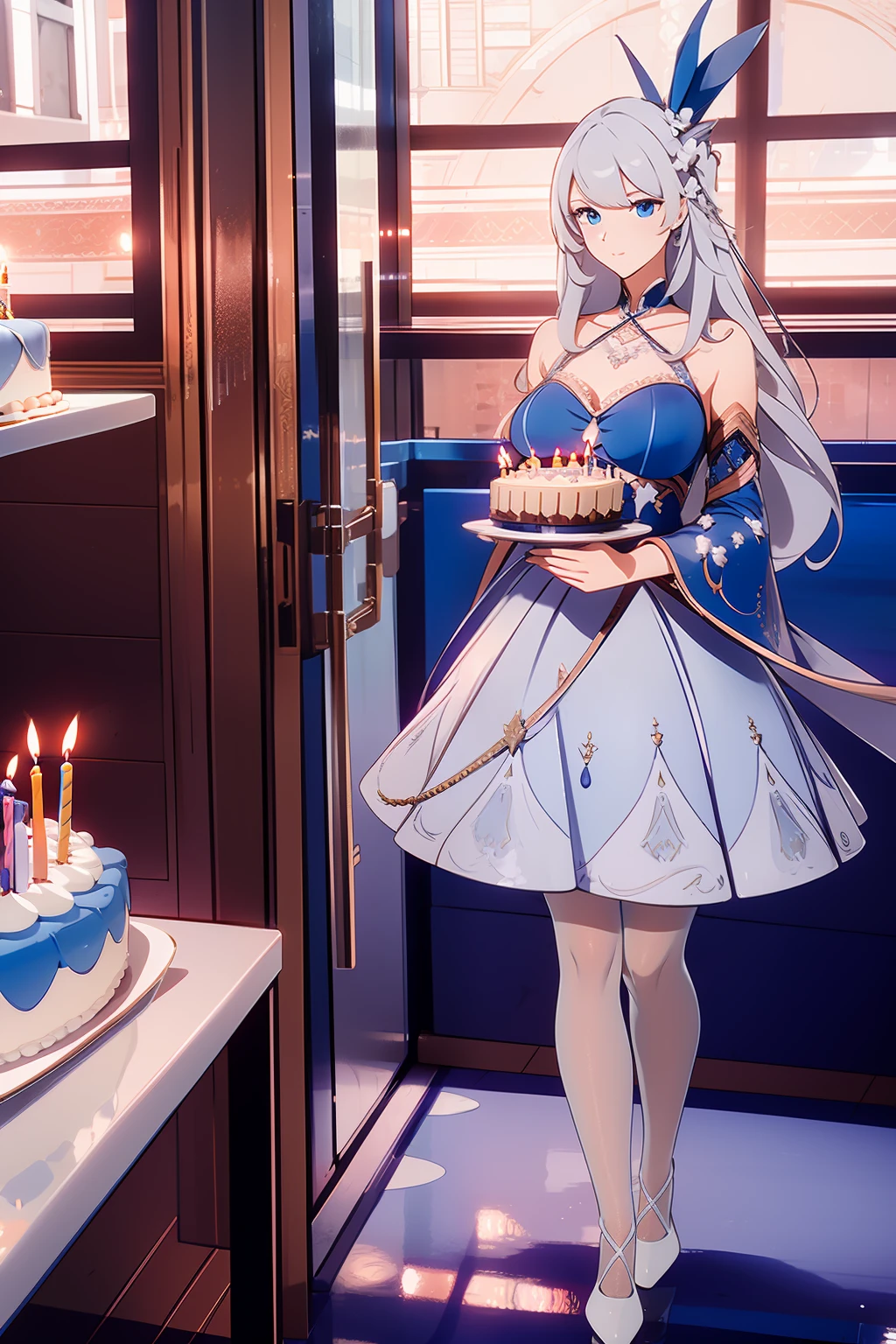 1female, white long hair, blue dress, Holding a birthday cake, birthday event, indoor, having fun, full body