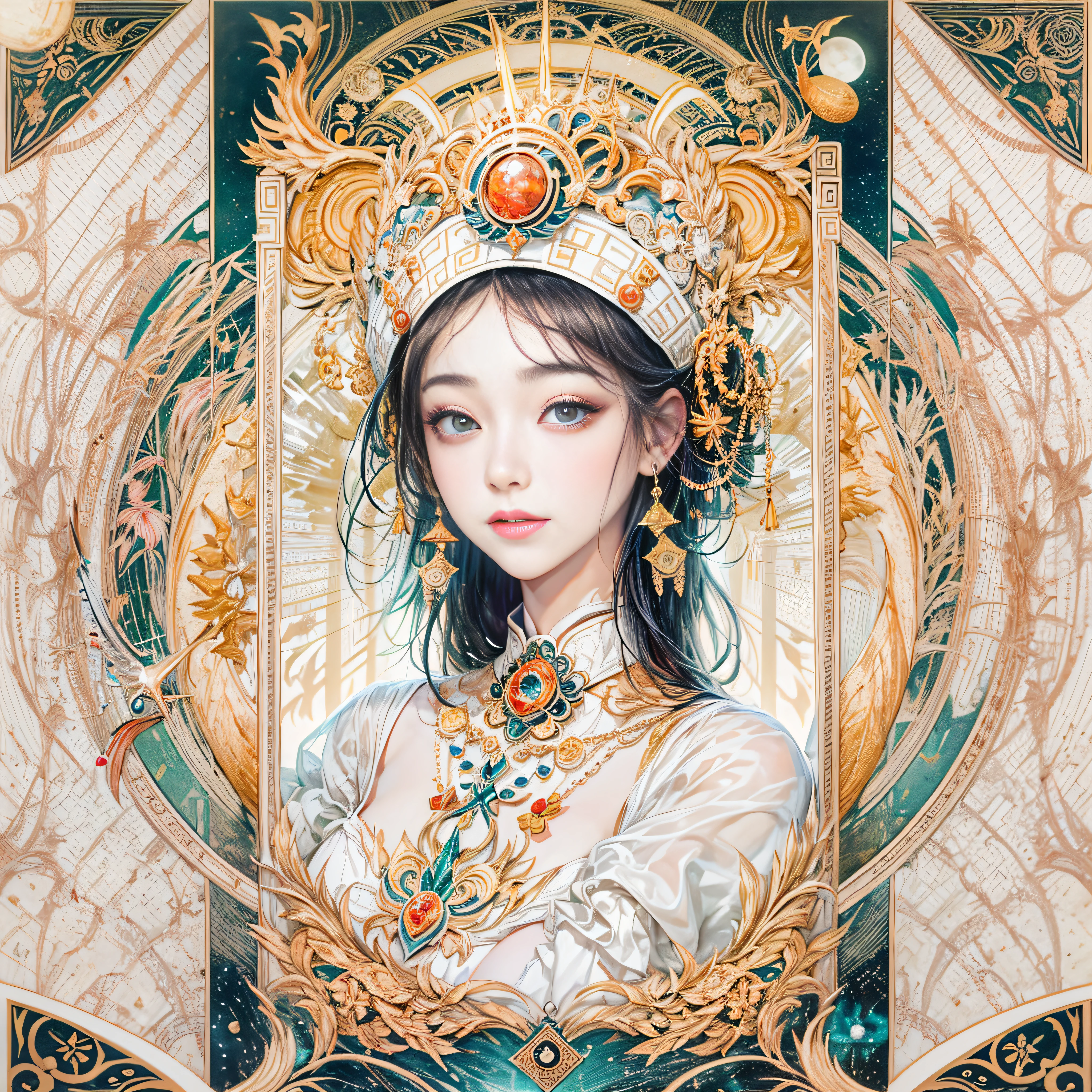 (tarot card:1.5),(Graphic illustration:1.4, paper art, Quilted paper art, geomerty),rotational symmetry, (full-body shot:1.4), (Chang'e , moon, halo, exquisite headdress, smile), White background, (Chinese colors, senior color matching), ( bokeh, Out of Focus, Soft Lighting, movie lighting, God Ray, UHD)