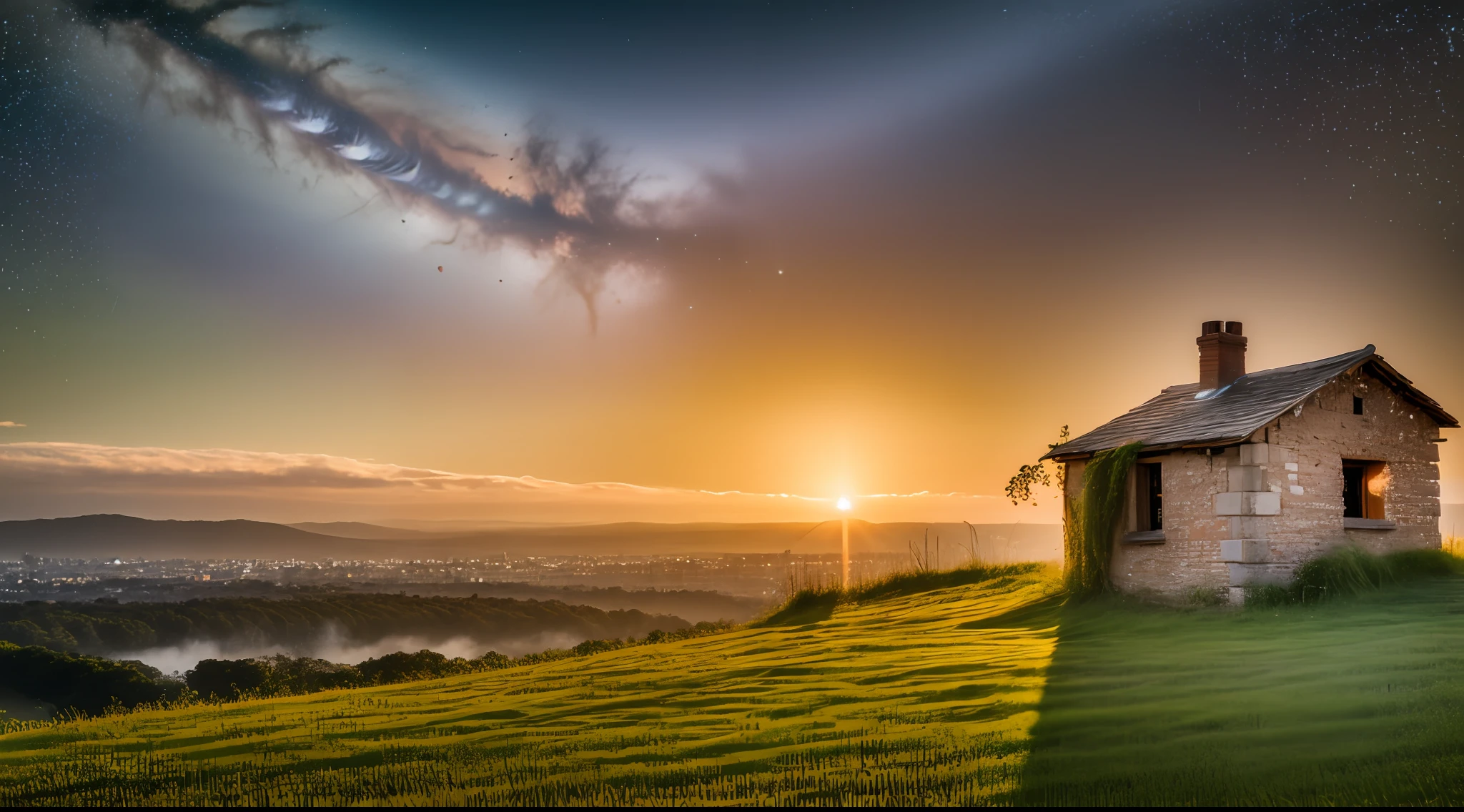 Sunset under a starry sky、A small broken brick house standing on a precipitous cliff、Light is leaking from the window、The earth is overgrown with turf.、The setting sun shines on the horizon in the distance.