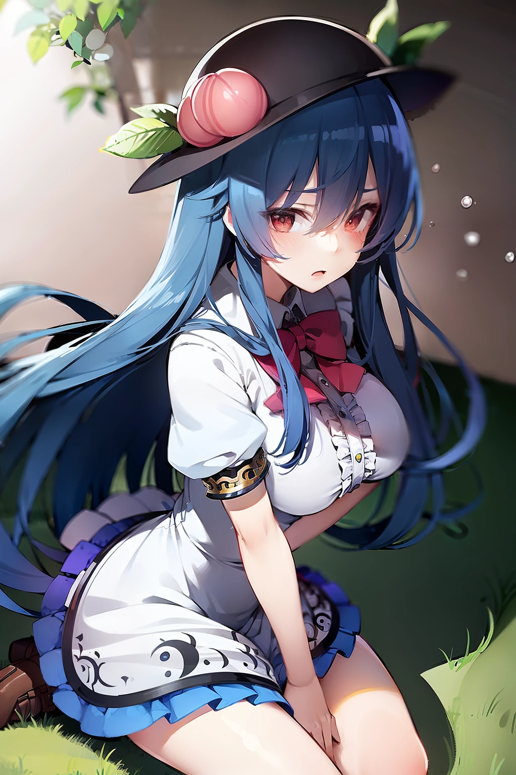 (masterpiece),best quality, expressive eyes, perfect face,w sitting, w sitting on ground, legs on ground, 1girl,
big breast, H-cup, good breast, crossing arms, beautiful, gorgeous,anime,girl,lora,hinanawi tenshi, blue hair, blue haired