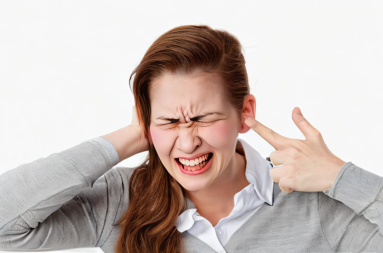 The woman puts her hands on her head，Place your fingers on your ears，white backgrounid, Tinnitus, Noisy, frustrated face, hear no evil, annoyed, Shouting, Two pointed ears, Young angry woman, No ears, Frustrated expression, indignant, Pointy ears, advertisement picture, loud, promo shot, Very noisy, pointy-eared, Yelling, showing anger, uploads