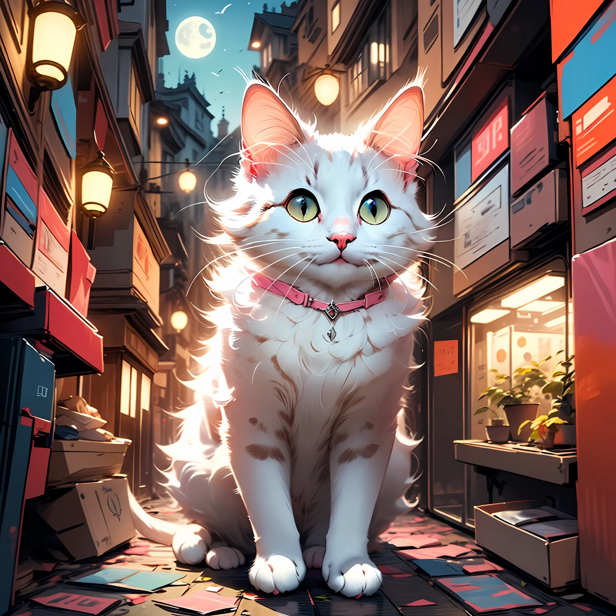 A white cat， Fluorescent pink，largeeyes， tmasterpiece， moon full， alleys