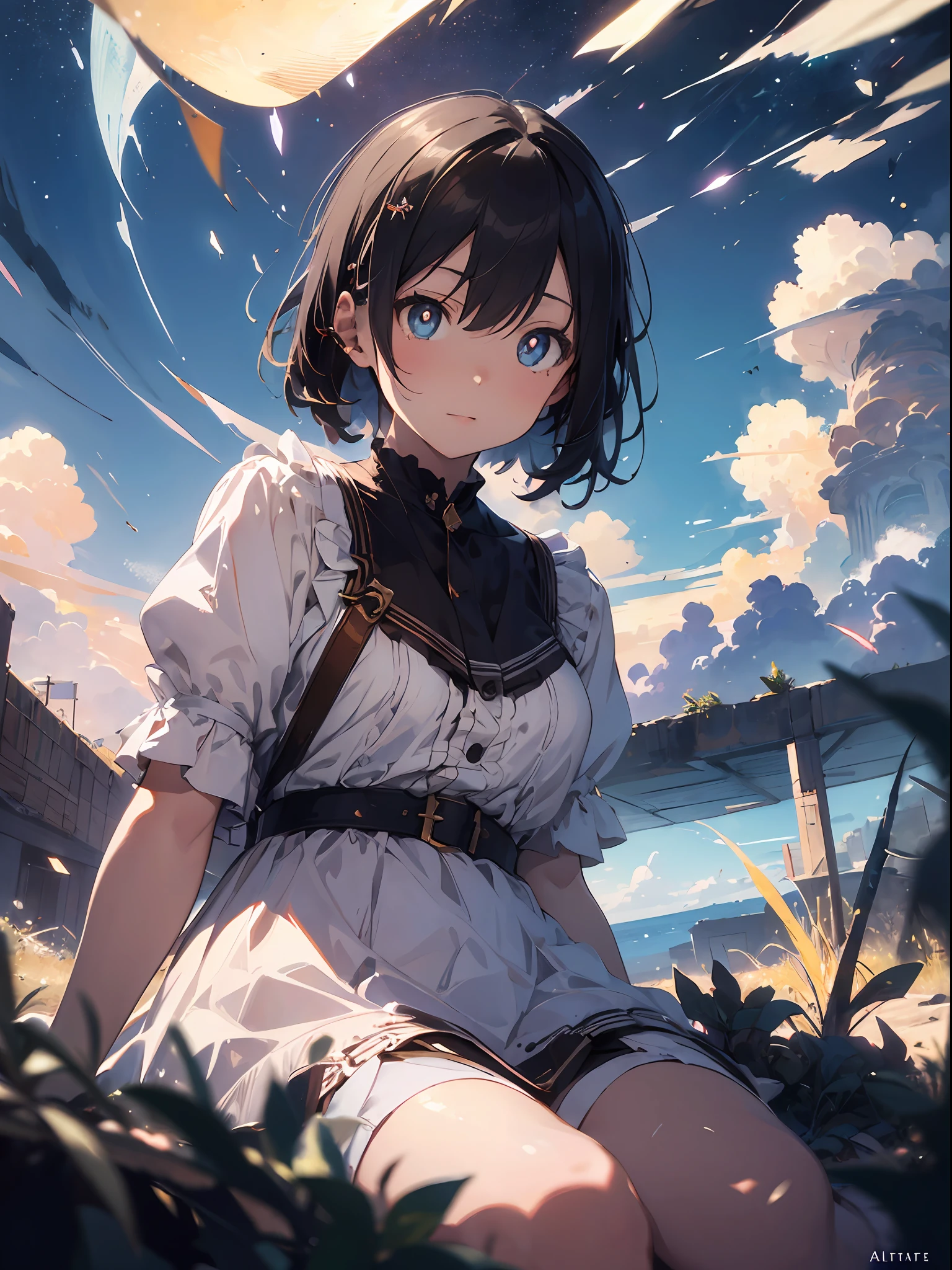a girl, sitting on, Side Shot, (deserted:1.3), (masterspiece, beste Quality, Near and far law, Depth-of-field:1.5), the clouds, seas, beautifull face, thights, from below view, 8K, Raw foto, absurdist, impressionists, (Tom Thomson, Claude Monet, Joaquin Sorolla, James Wilson Morris, Jon Fabian Aluson, Hugh Henry Breckenridge:0.8), NSFX, photorealestic, film grains, Color Aberration, alta resolução, Ultra detailded, finelydetail, dynamic lighting, Dramatic lighting、shadowy、Sharp focus、Very detailed eyes and face、Sharp pupils、Realistic pupils