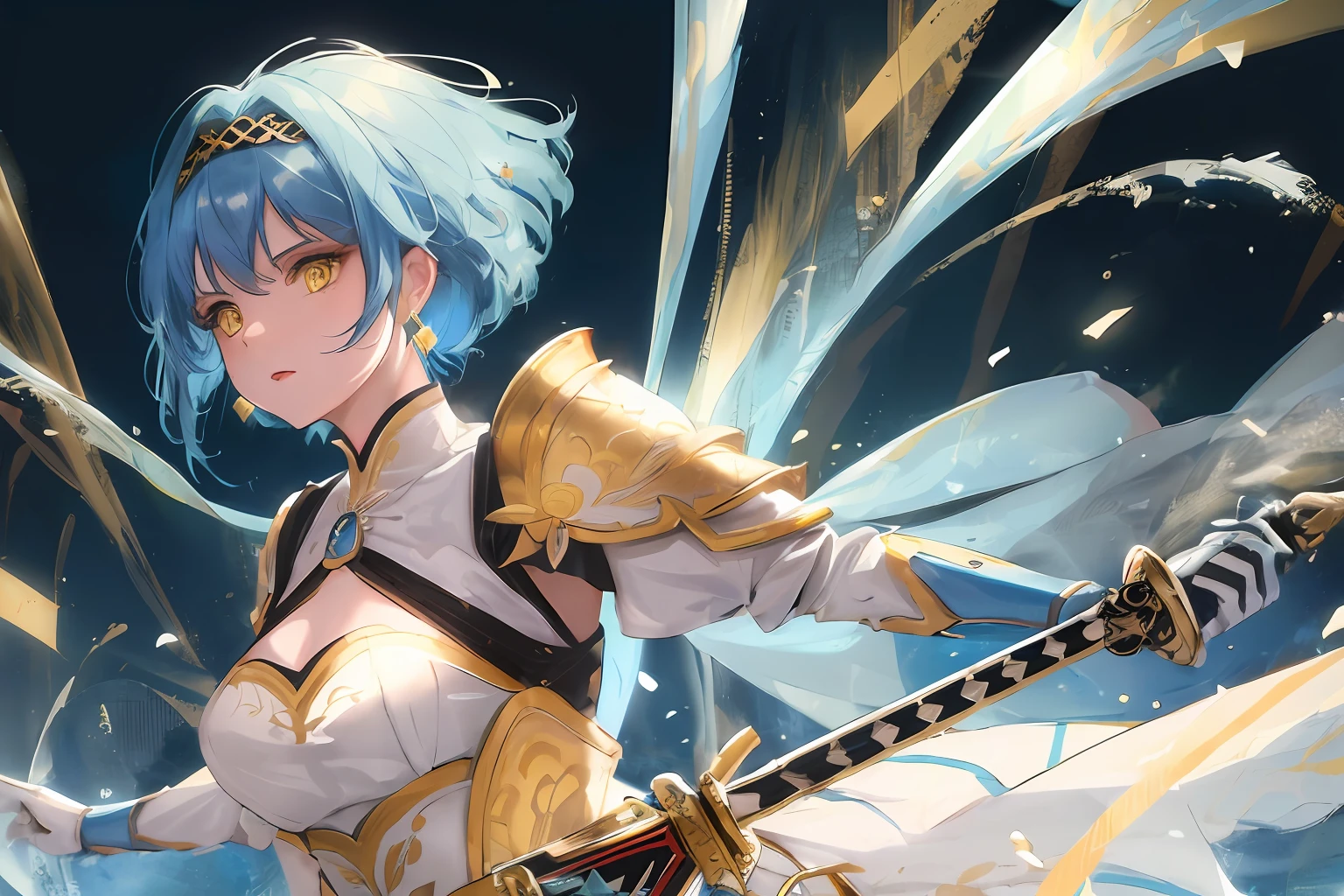 ((masterpiece)),(((best quality))), illustration, 1woman adult, (short hair), (poofy hair), blue hair, bangs, hairstyle fax, (yellow eyes), environment Scene change, hairstyle fax, pose Zitai, female, ancient armor, charturnbetalora, highly intricate accessories, highly intricate clothes, white dress, gold trim, Lightblue hair, bright color, earrings, armor, shoulder armor, hairband, holding sword close to face, fear expression
