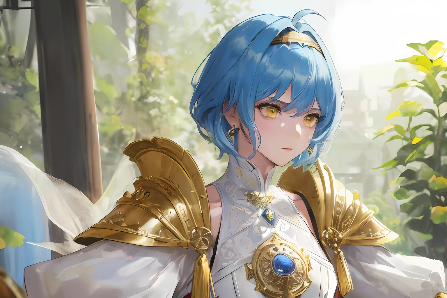 ((masterpiece)),(((best quality))), illustration, 1woman adult, (short hair), (poofy hair), blue hair, bangs, hairstyle fax, (yellow eyes), environment Scene change, hairstyle fax, pose Zitai, female, ancient armor, charturnbetalora, highly intricate accessories, highly intricate clothes, white dress, gold trim, Lightblue hair, bright color, earrings, armor, shoulder armor, hairband, holding sword close to face, fear expression