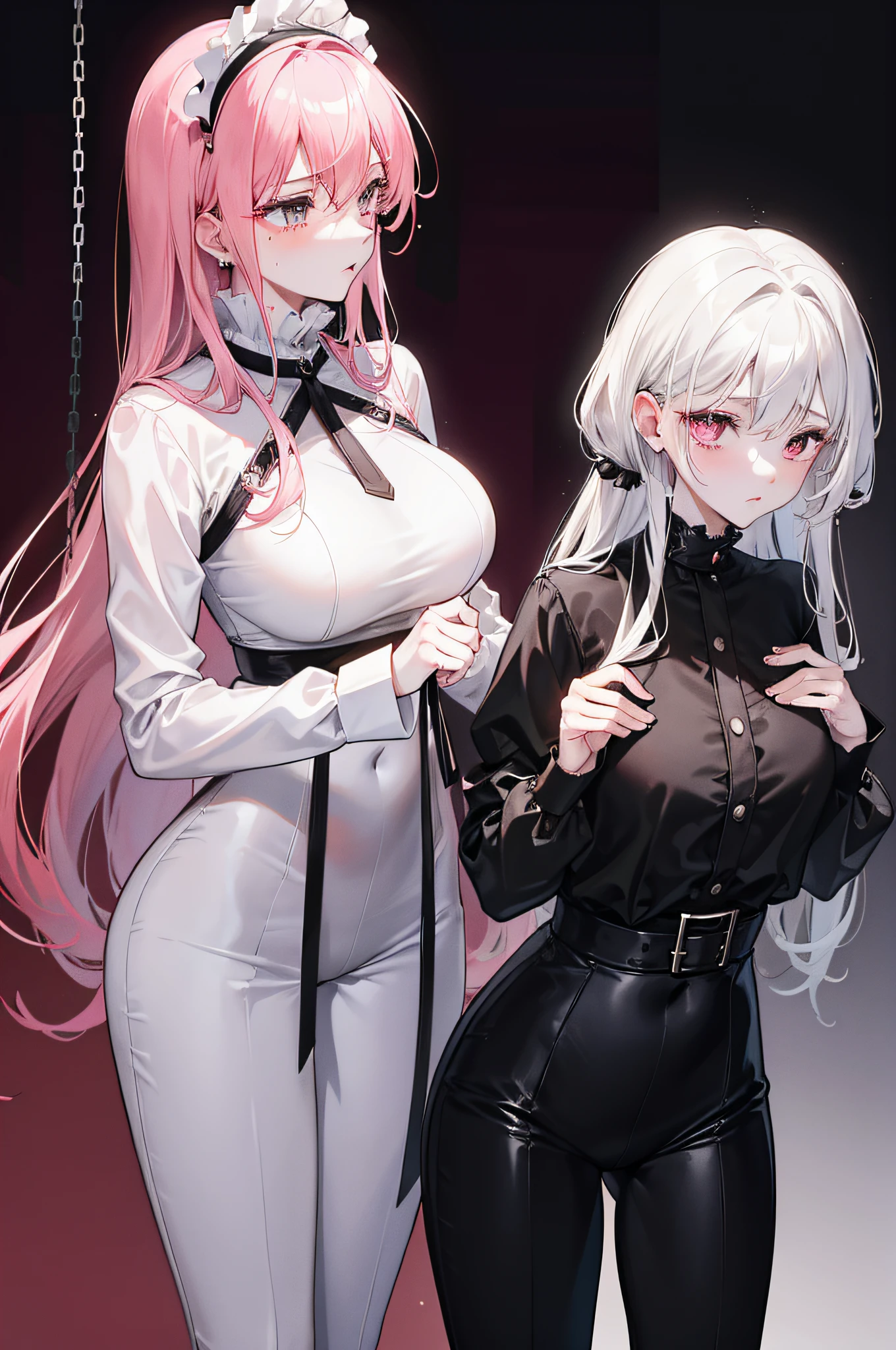 25 year old couple，Royal sister youth，Thin iron chains are wound，Clear white shirt black pants，blacksilk，Lace，Patent leather erotic underwear，Be red in the face，streaming tears，Pink lips，The background is minimalist，8K masterpiece