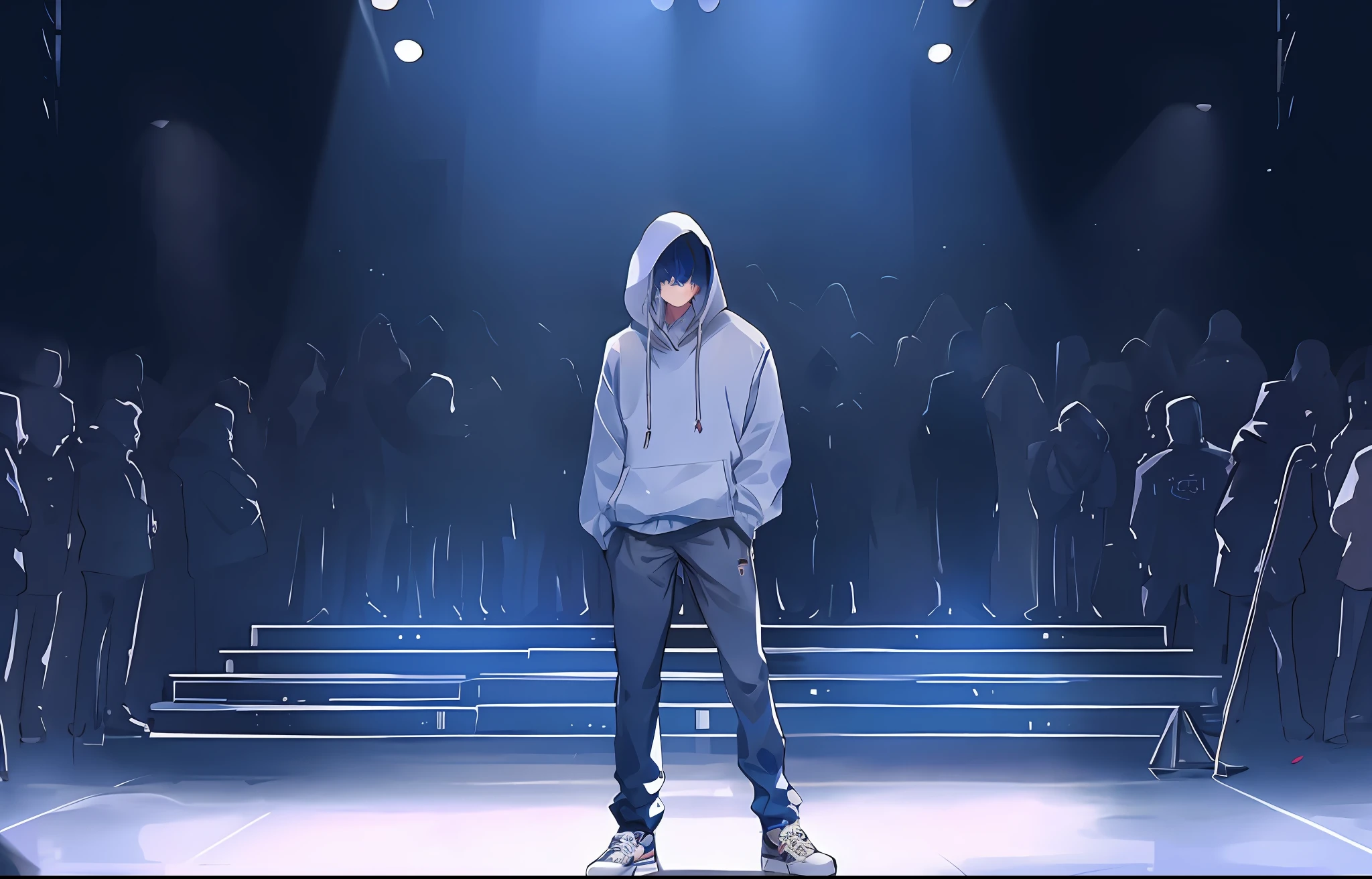 There was a man standing on stage,wearing a hoody, rapping, wearing a hoody, Performing on stage, wearing a baggy, Anime keyframes, background artwork, Wearing a hoodie, Eminem, wearing a hoodie and sweatpants, Award-winning anime style, Anime style. 8K, Mrbeast, anime cgi style, lofi hip hop, rotoscoped
