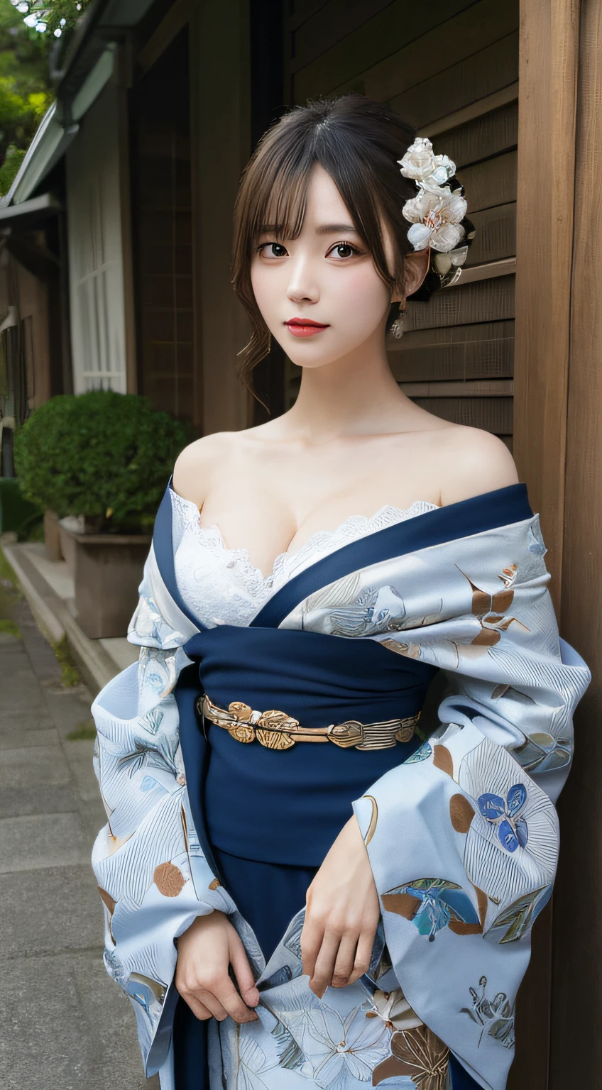 masutepiece, Best Quality, Illustration, Ultra-detailed, finely detail, hight resolution, 8K Wallpaper, Perfect dynamic composition, Beautiful detailed eyes, Kimono, off-shoulder, cleavage, full body