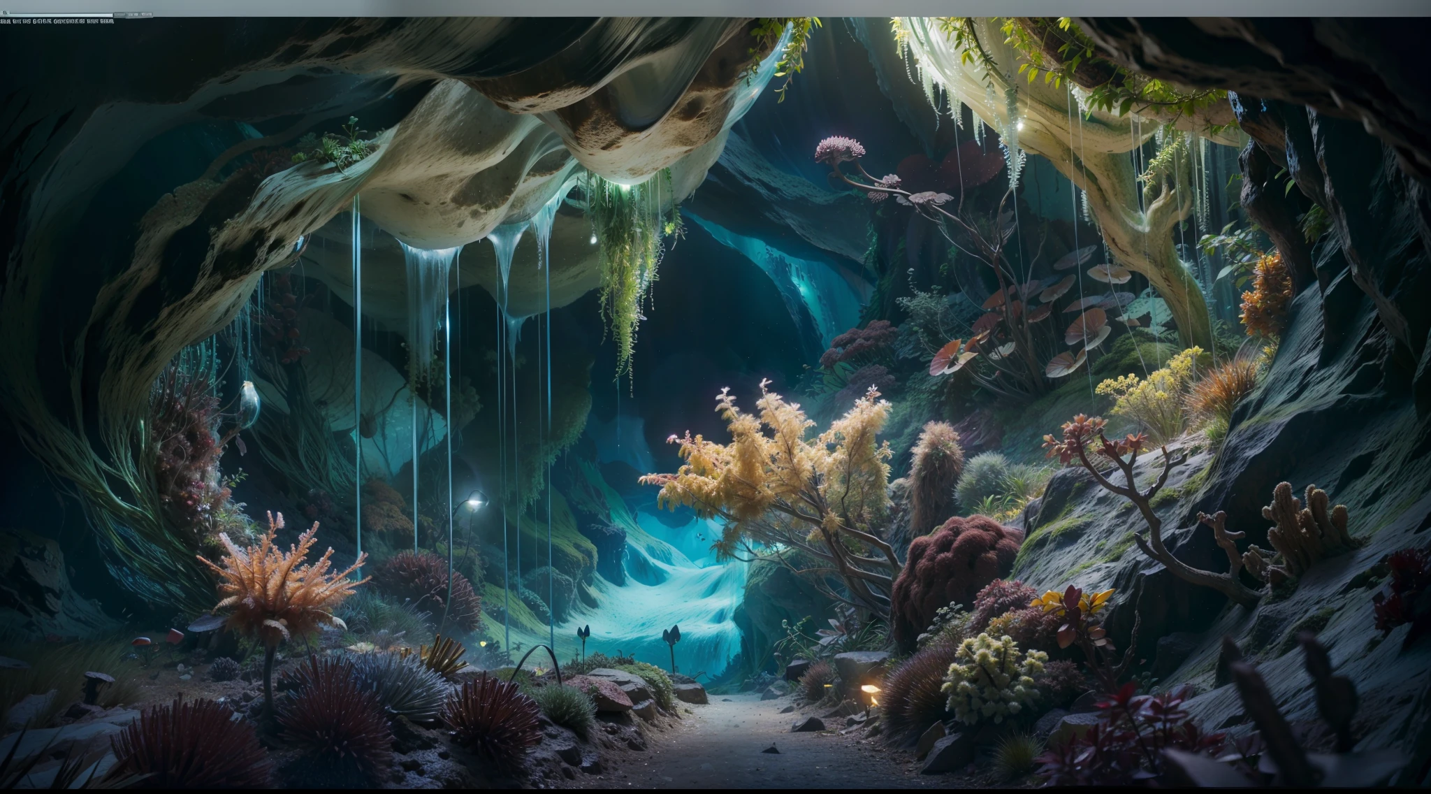 abyssal、In a mysterious underwater cave、You will come across a breathtaking garden of sparkling plants。The plant is tender、Gives off a pleasant light、Illuminate the cave walls in different colors。Walk through the mysterious world of bioluminescence、Feel like you've stepped into a magical realm where dreams come true。the panorama, high details, awardwinning, Best Quality, hight resolution, in 8K