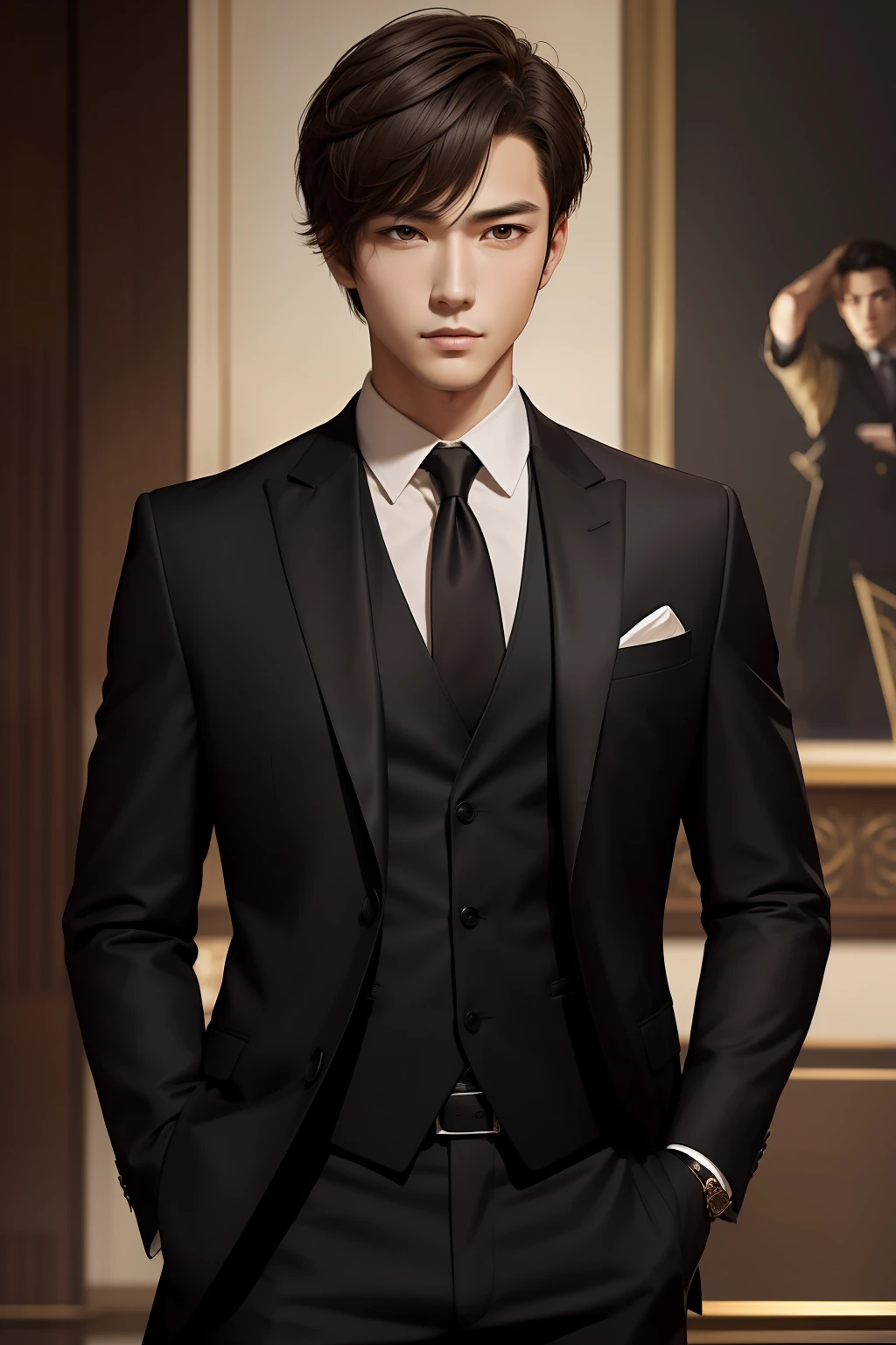 (masterpiece)8K分辨率、top-quality、Handsome young man with a pistol、Brown pixie cut、black eyes、Model Style、Wearing a suit、elegent、Anime style