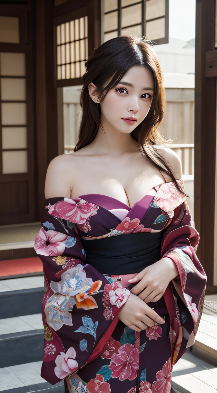 masutepiece, Best Quality, Illustration, Ultra-detailed, finely detail, hight resolution, 8K Wallpaper, Perfect dynamic composition, Beautiful detailed eyes, Kimono, Off-shoulder, cleavage, Full body
