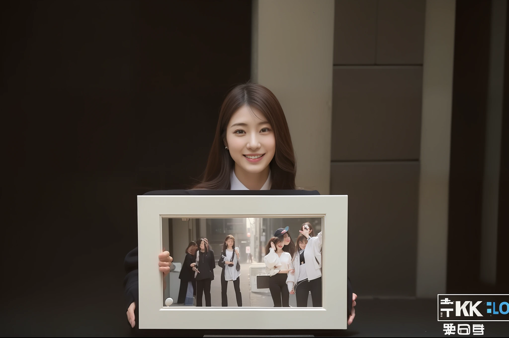 1girl,((top-quality、8K、​masterpiece:1.3))、foco nítido:1.2、Perfect Body Beauty:1.4、Slim abs:1.2、((dark brown long hair、Colossal tits:1.2))、(natural soft light、street corner:1.2)、Highly detailed facial and skin texture、A detailed eye、(二重まぶた)、(((dynamic ungle))),Streets of Tokyo、Silver thin necklace、Smiling、White Slim Knit Shirt、Fitted shirts、Gentle expression、Beautie、Wavy Hair、Symbol of the Japan gal、Light makeup、(Holding a photo with both hands)、I'll show you the pictures I have.、Introduction to what you have、28 year old