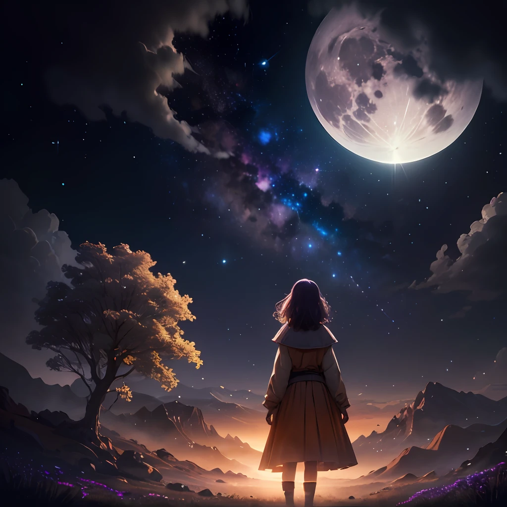 Expansive landscape photograph, (view from below with a view of the sky and the wilderness below), girl standing in a flower field looking up, (full moon: 1.2), (shooting star: 0.9), (nebula: 1.3), distant mountain, tree break production art, (warm light source: 1.2), (firefly: 1.2), lamp, purple and orange, intricate detail, volume lighting BREAK (masterpiece: 1.2), (highest quality ), 4k, ultra-detailed, (dynamic configuration: 1.4), highly detailed and colorful details (iridescent: 1.2), (sparkling lighting, atmospheric lighting), dreamy, magical, (solo: 1.2)